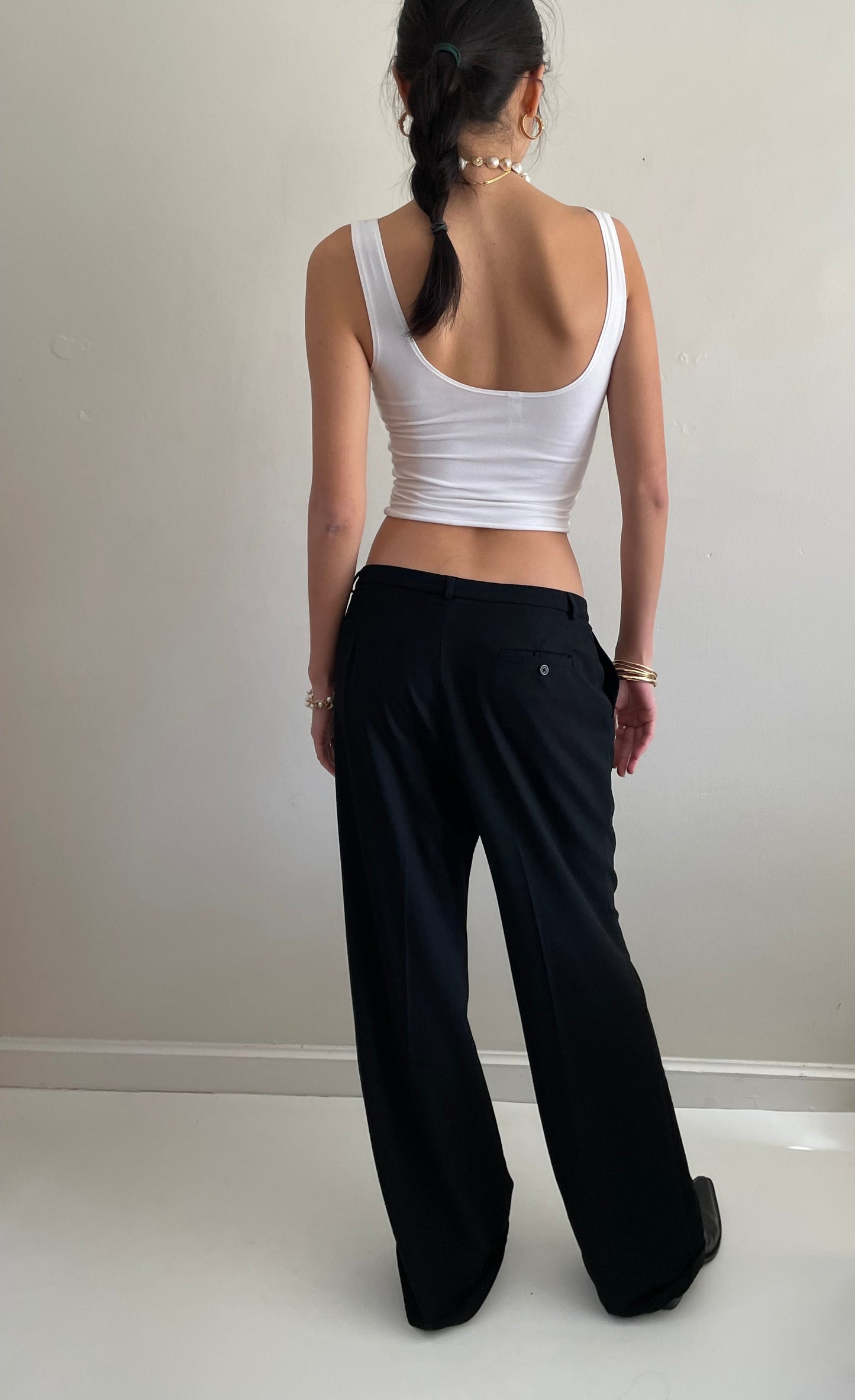 Vintage Y2K Black Wool Flat Front Wide Leg Cuffed Mid Rise Loose Dressy Pants Trousers | Waist size 30 size 6