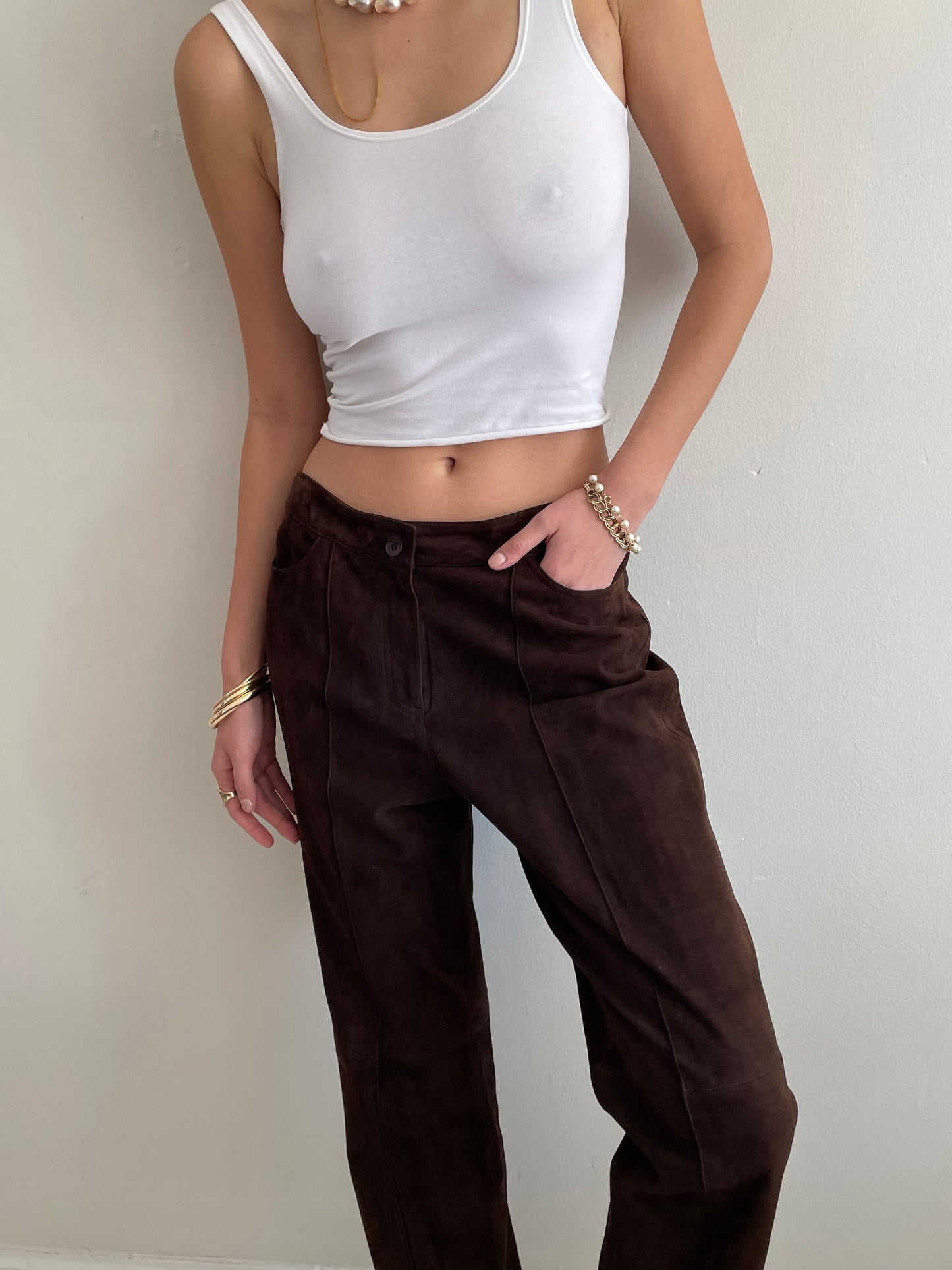 vintage 90s brown genuine suede leather flat front pants size 6 / 31