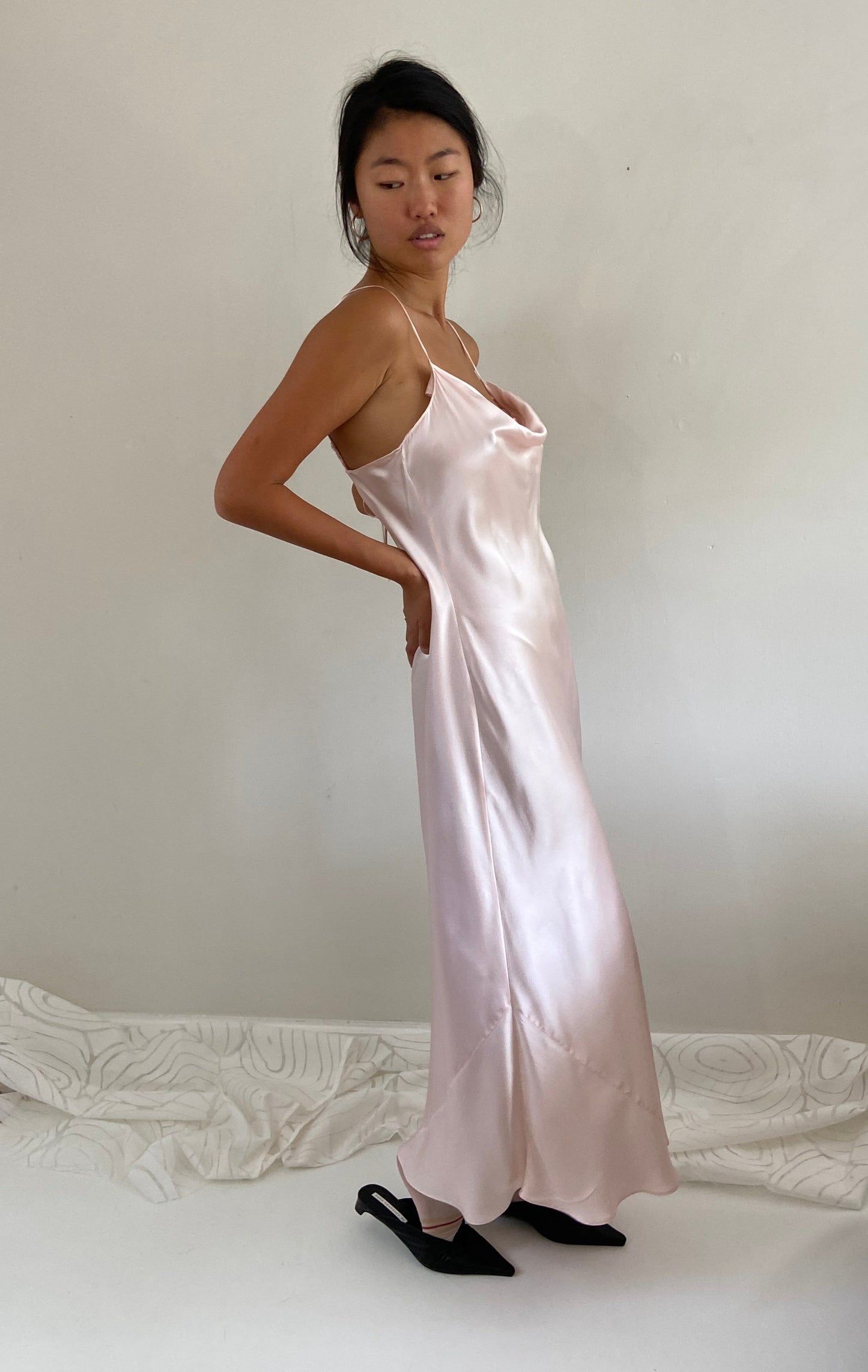 vintage 90s 100% silk charmeuse blush pink maxi slip wedding guest dress M/L