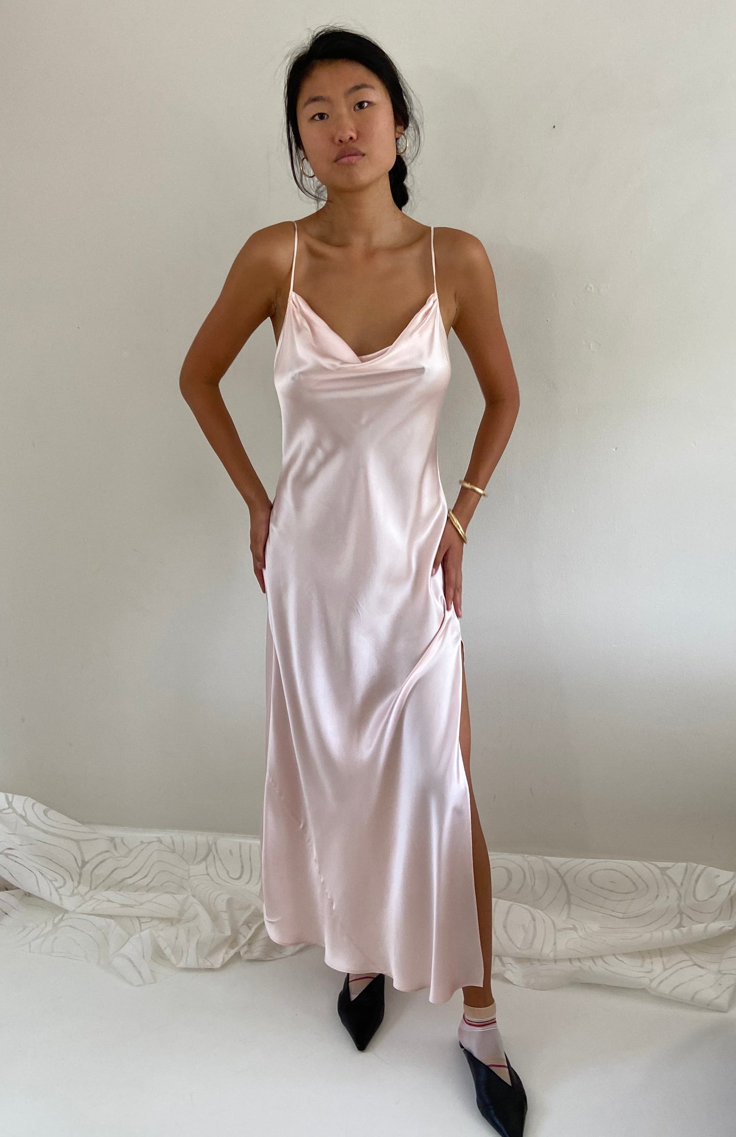 vintage 90s 100% silk charmeuse blush pink maxi slip wedding guest dress M/L