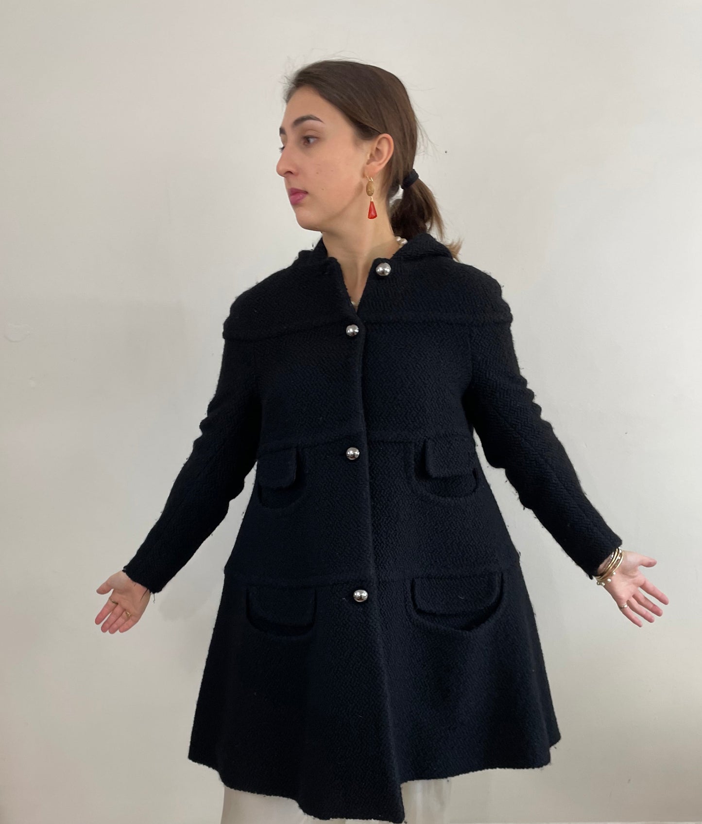 Vintage Black Boucle Wool Martin Grant Paris Hooded Swing Coat + Silver Buttons