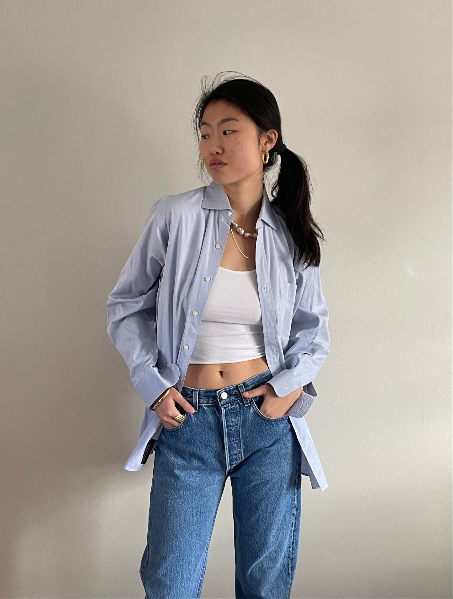 vintage 80s ice blue cotton shirt | oversized baby blue solid button down boyfriend shirt blouse | Medium