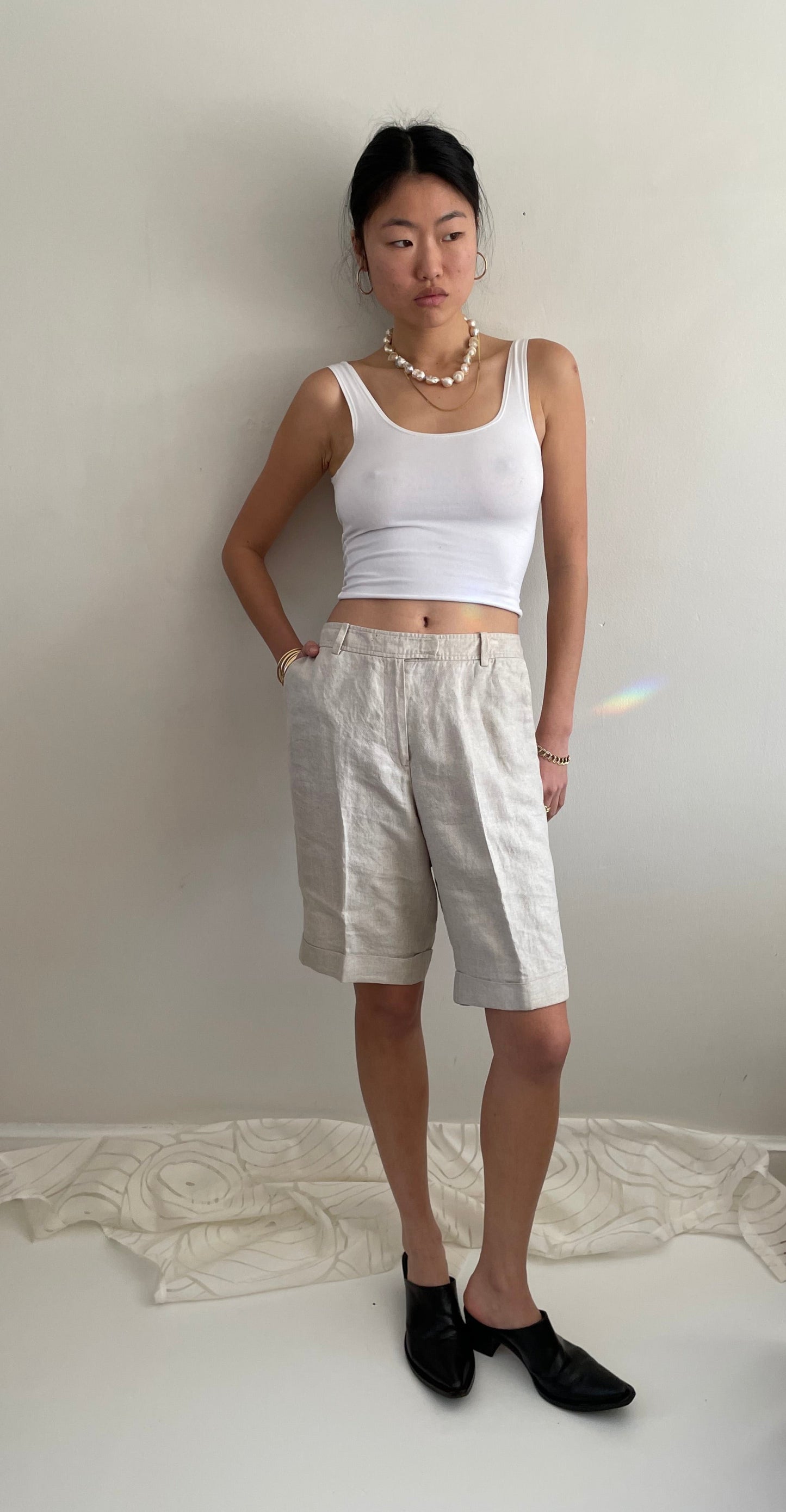 vintage linen silk oatmeal cuffed pleated trouser shorts 29 waist