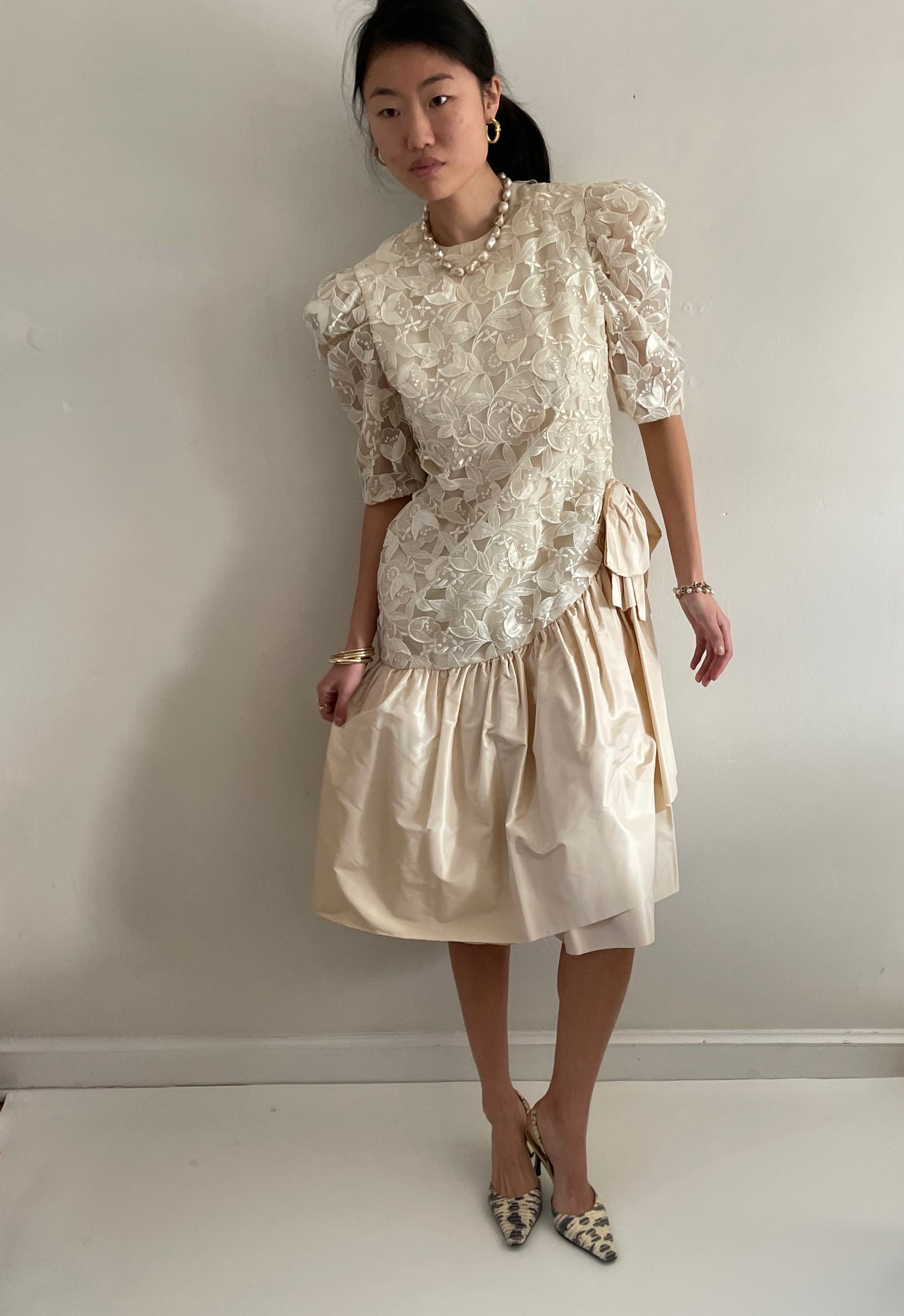 Vintage 80s Lace Dropped Waist Open Lace Silk Taffeta Princess Di Tea Dress | Medium