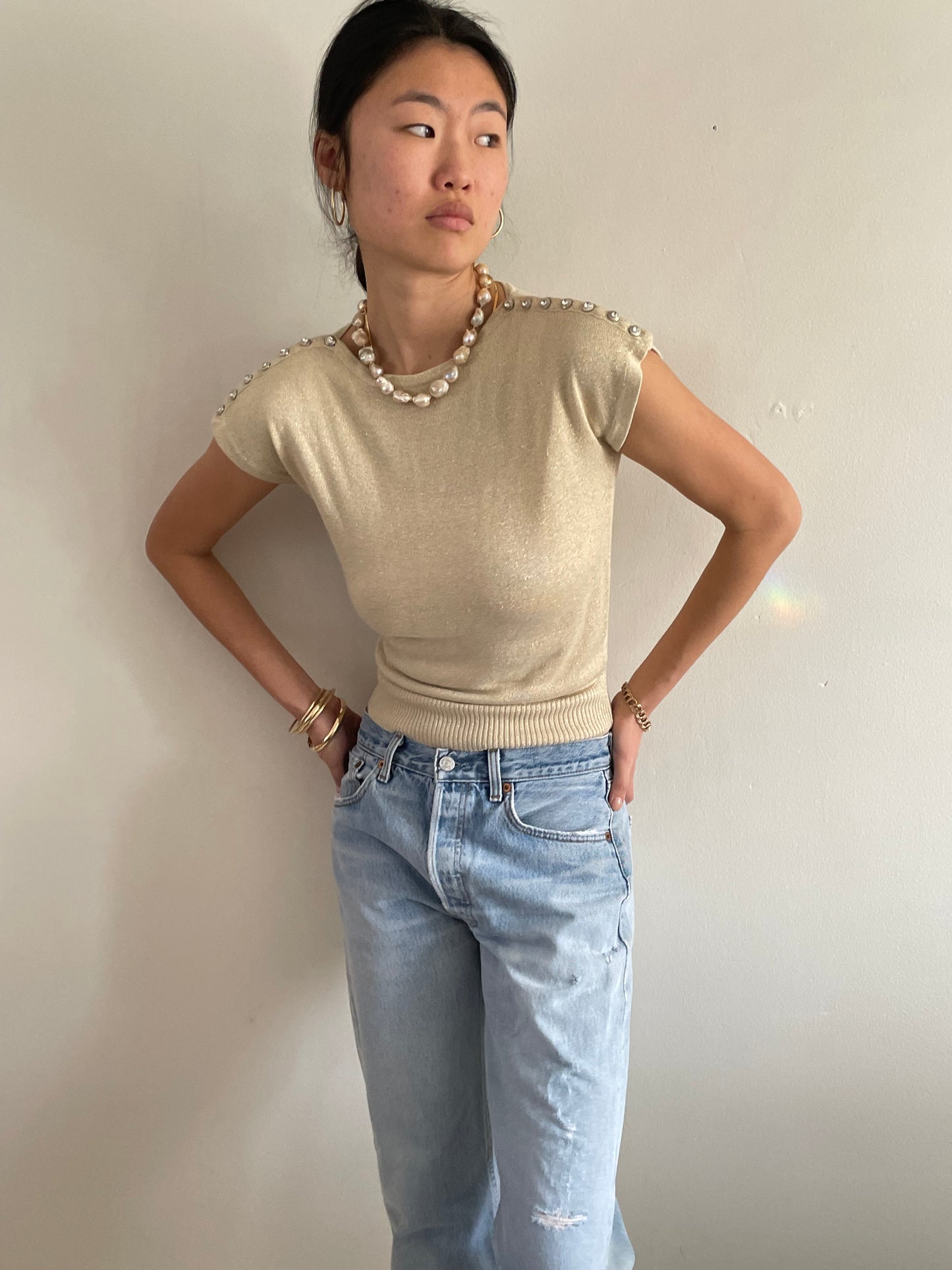 vintage gold knit cropped tee t-shirt shoulder button sweater Medium