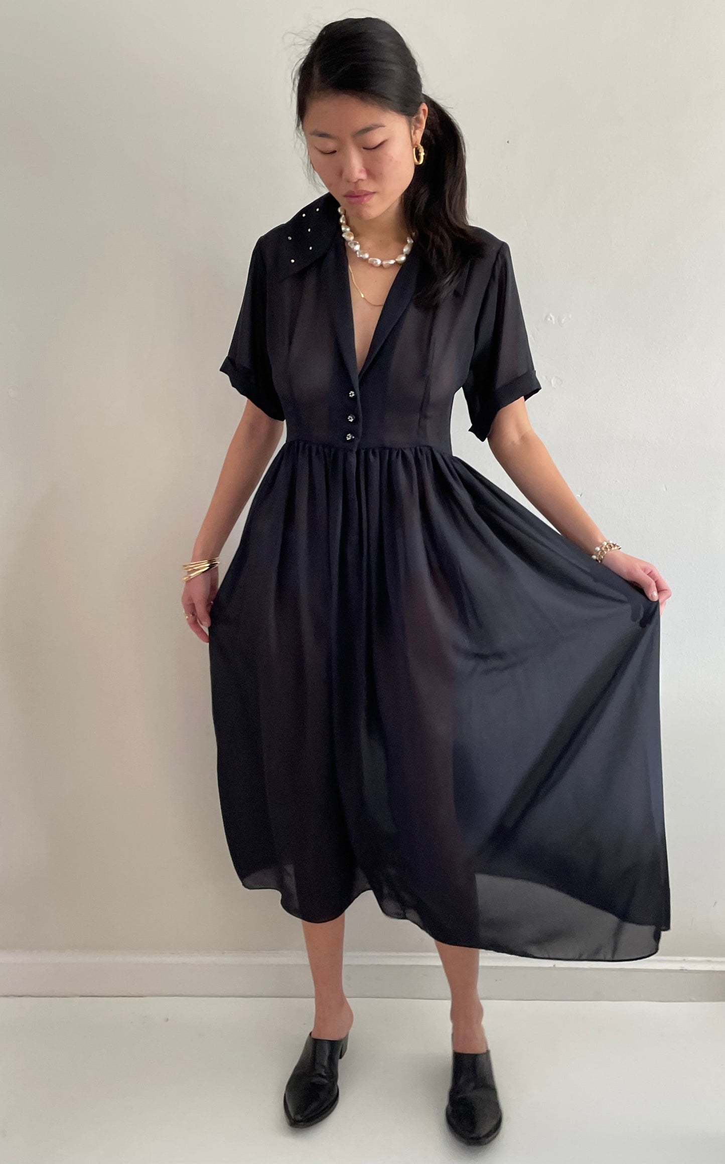 vintage 60s black sheer chiffon cocktail wedding guest midi dress Medium