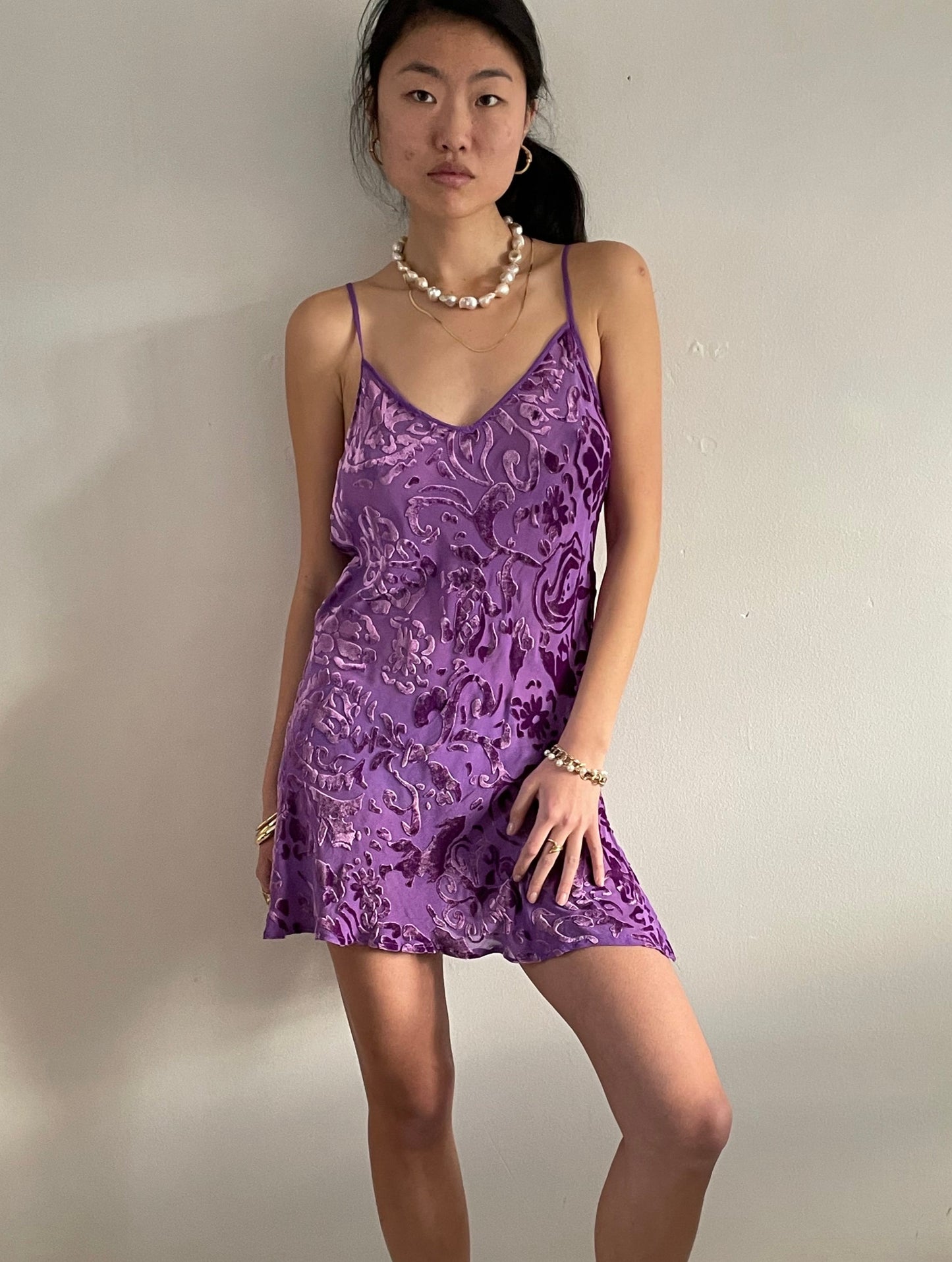 90s silk devore slip dress / vintage grape purple semi sheer silk slip dress