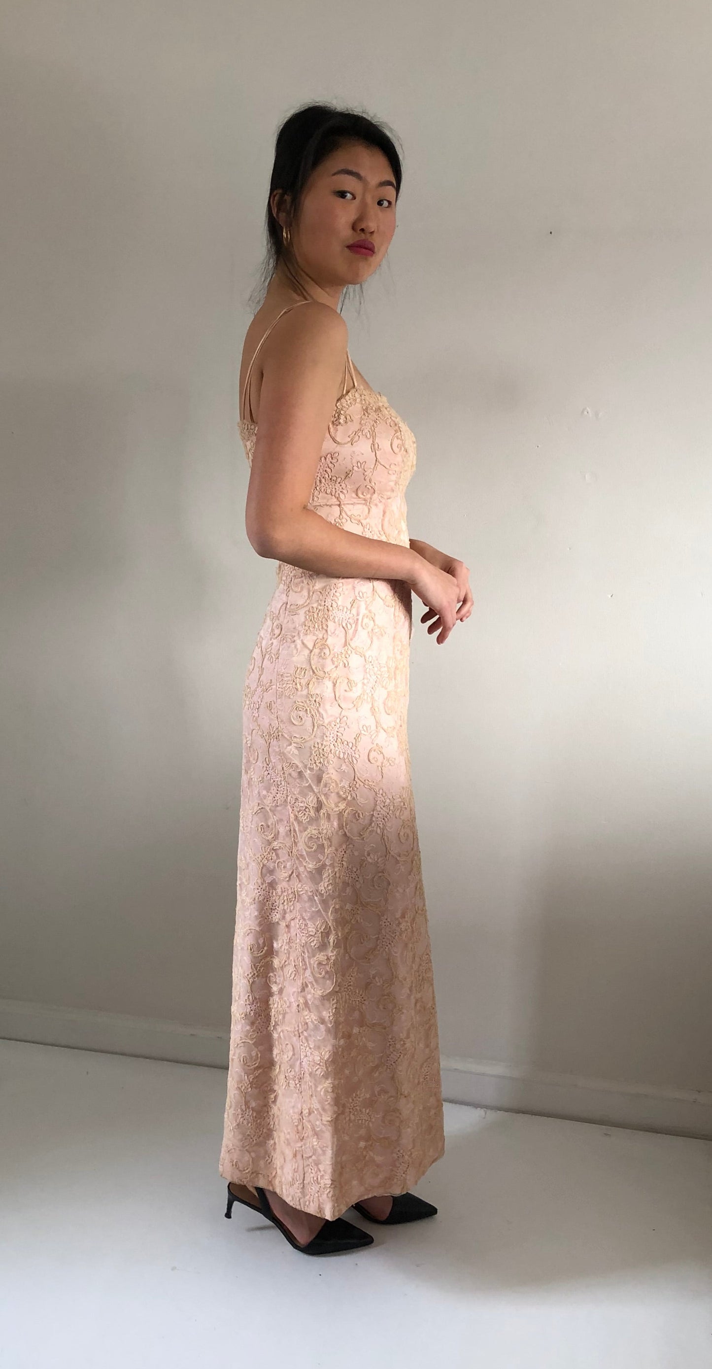 vintage 50s 60s chantilly lace strapless wiggle mermaid light blush pink gown maxi wedding guest dress