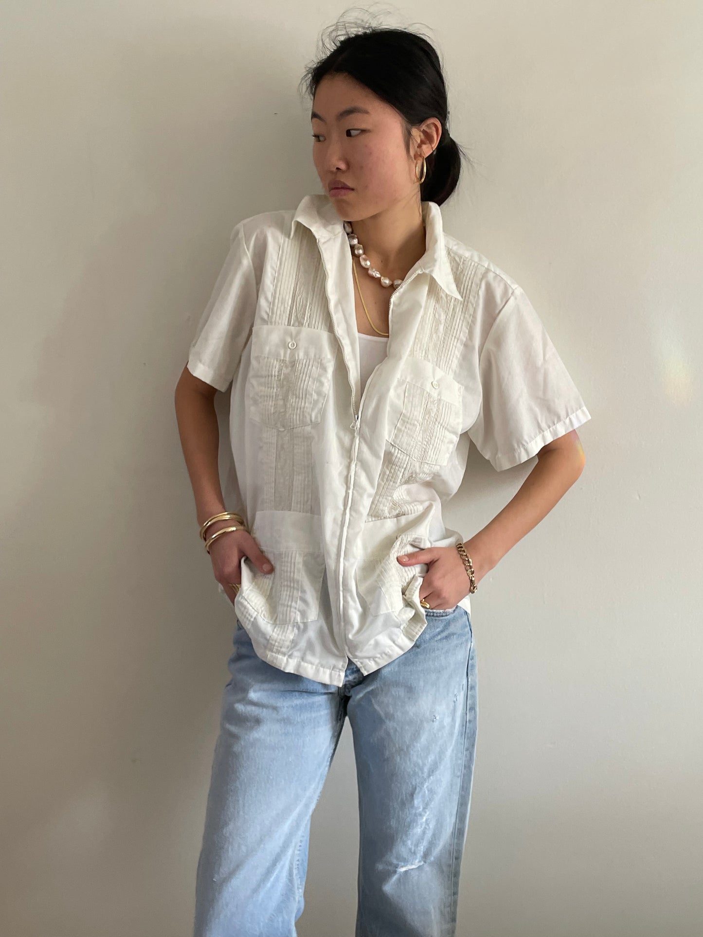 vintage embroidered zip front Haband Guayabera cotton white short sleeve shirt | XL