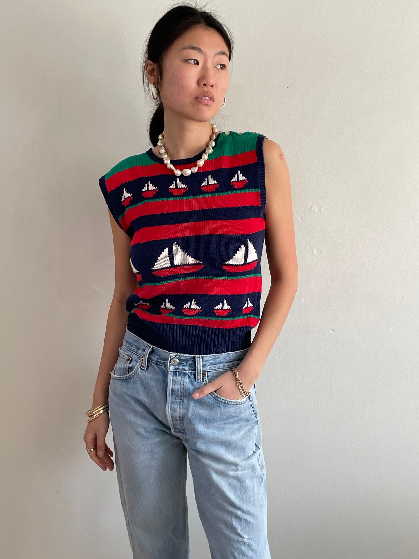 vintage cotton intarsia sailboat sleeveless sweater vest