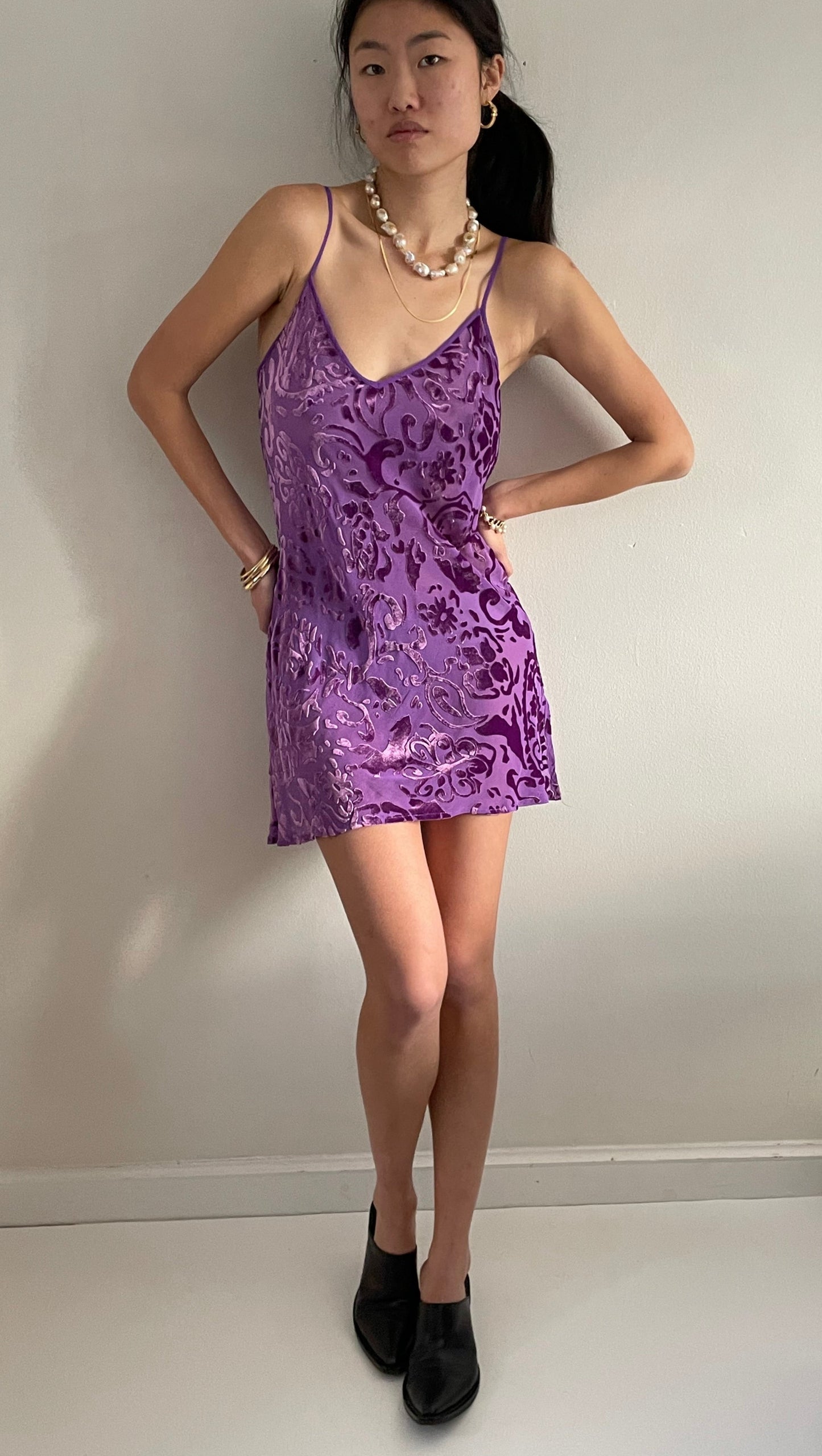 90s silk devore slip dress / vintage grape purple semi sheer silk slip dress