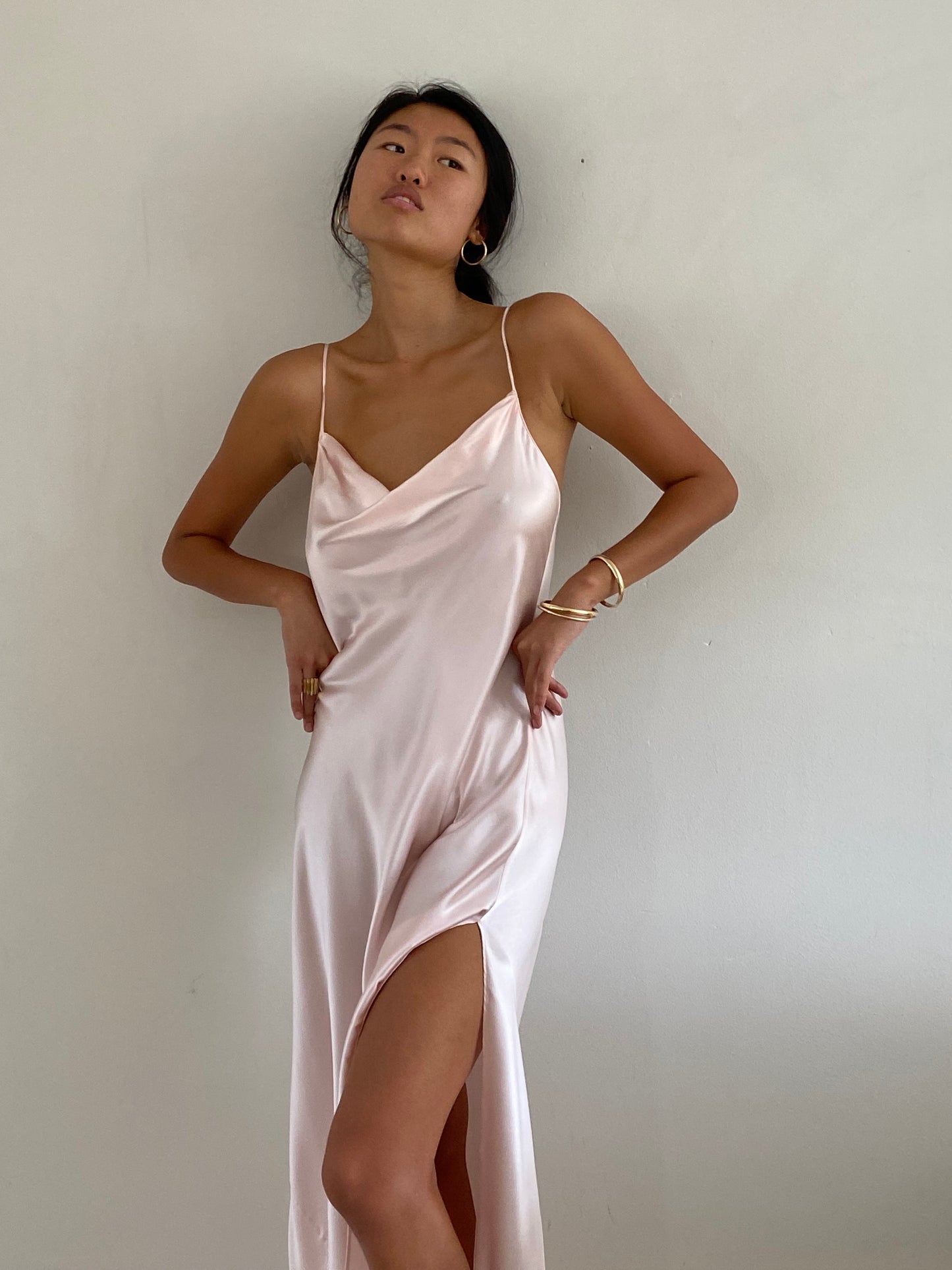 vintage 90s 100% silk charmeuse blush pink maxi slip wedding guest dress M/L