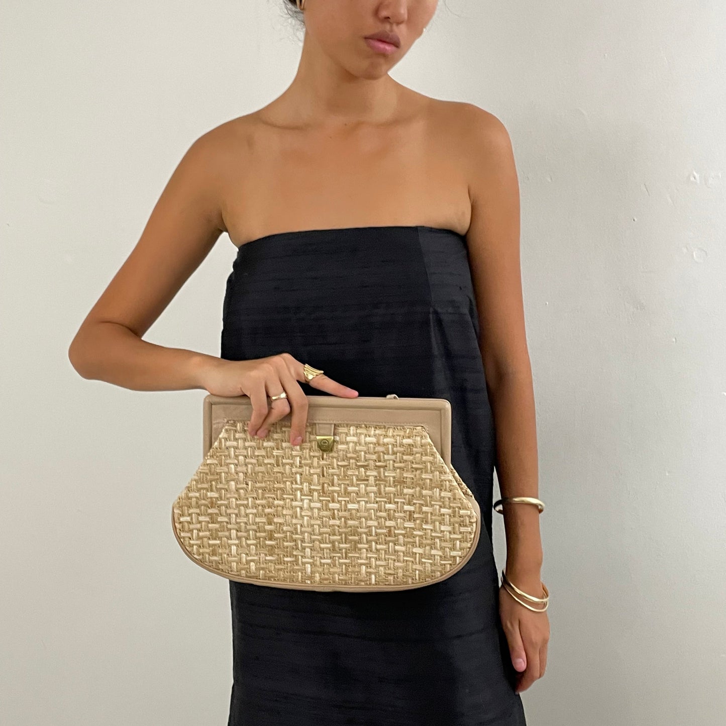 Vintage 90s woven rattan + leather clutch shoulder purse cross body handbag Etienne Aigner