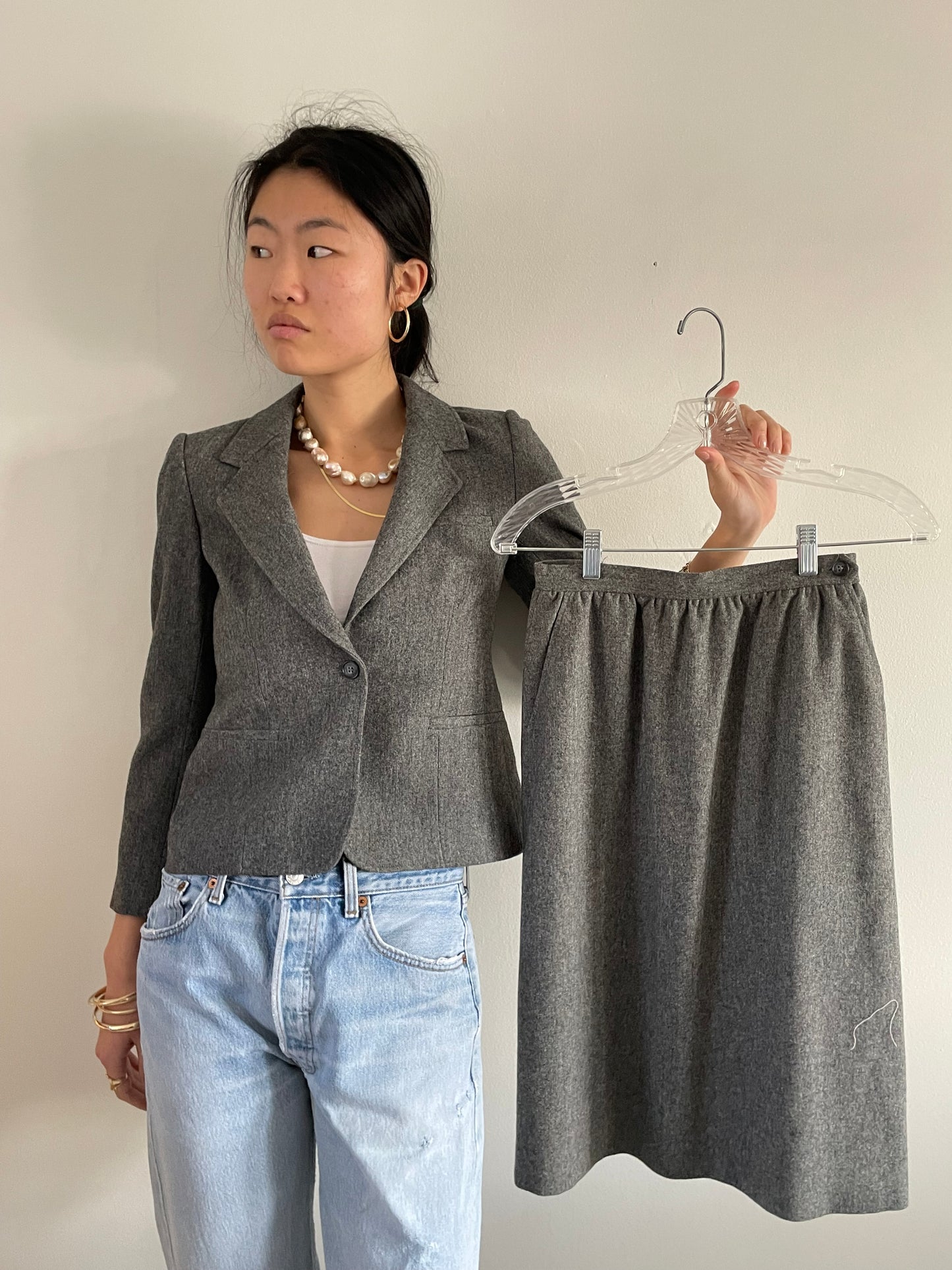 Vintage Cropped Gray Wool Blazer + Matching Skirt Suit Set | Petite Charcoal Single Button Blazer | Small
