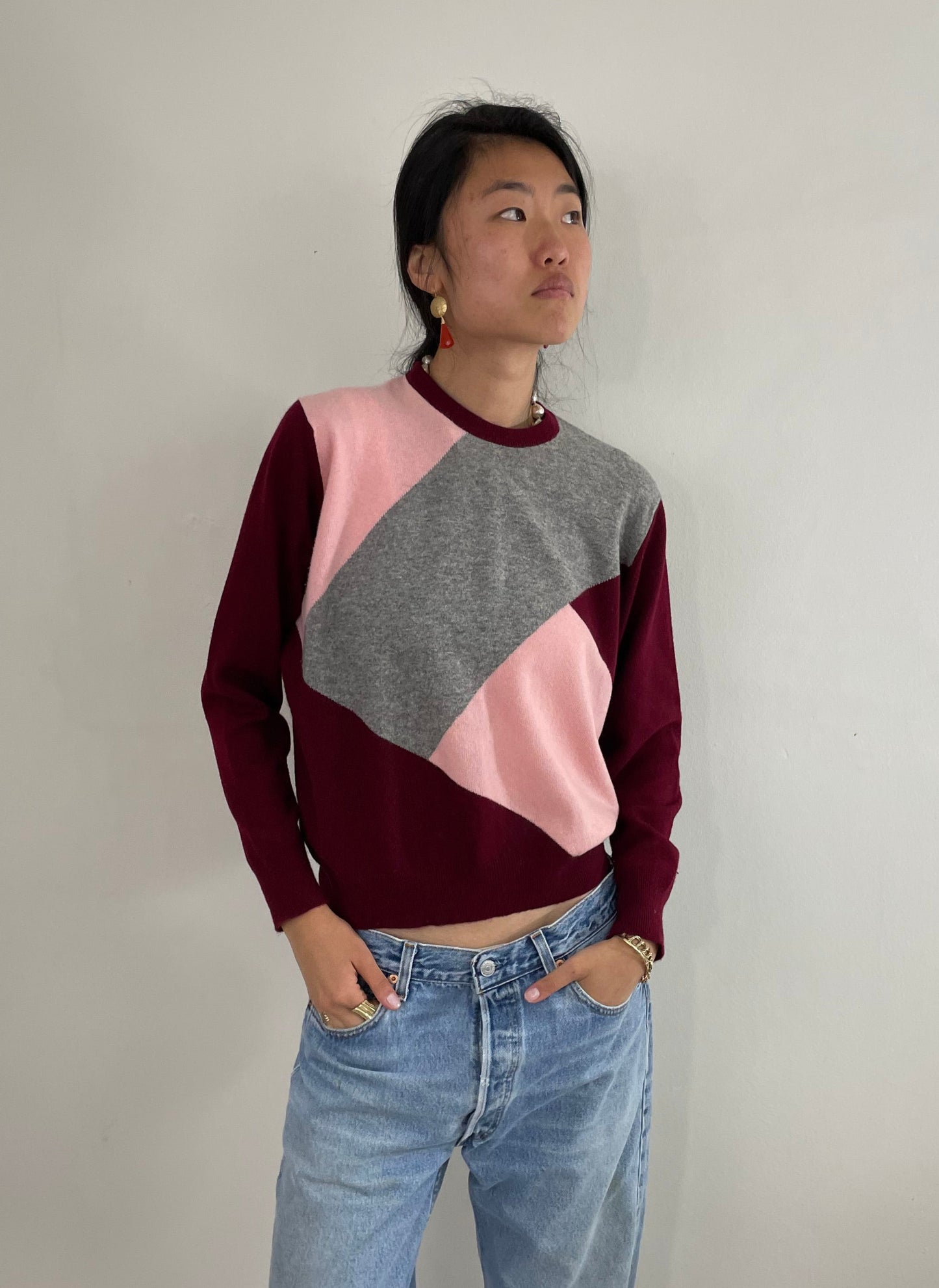 Vintage 100% Cashmere Intarsia Knit Crewneck Pullover Wine Pink Gray ColorBlock Medium