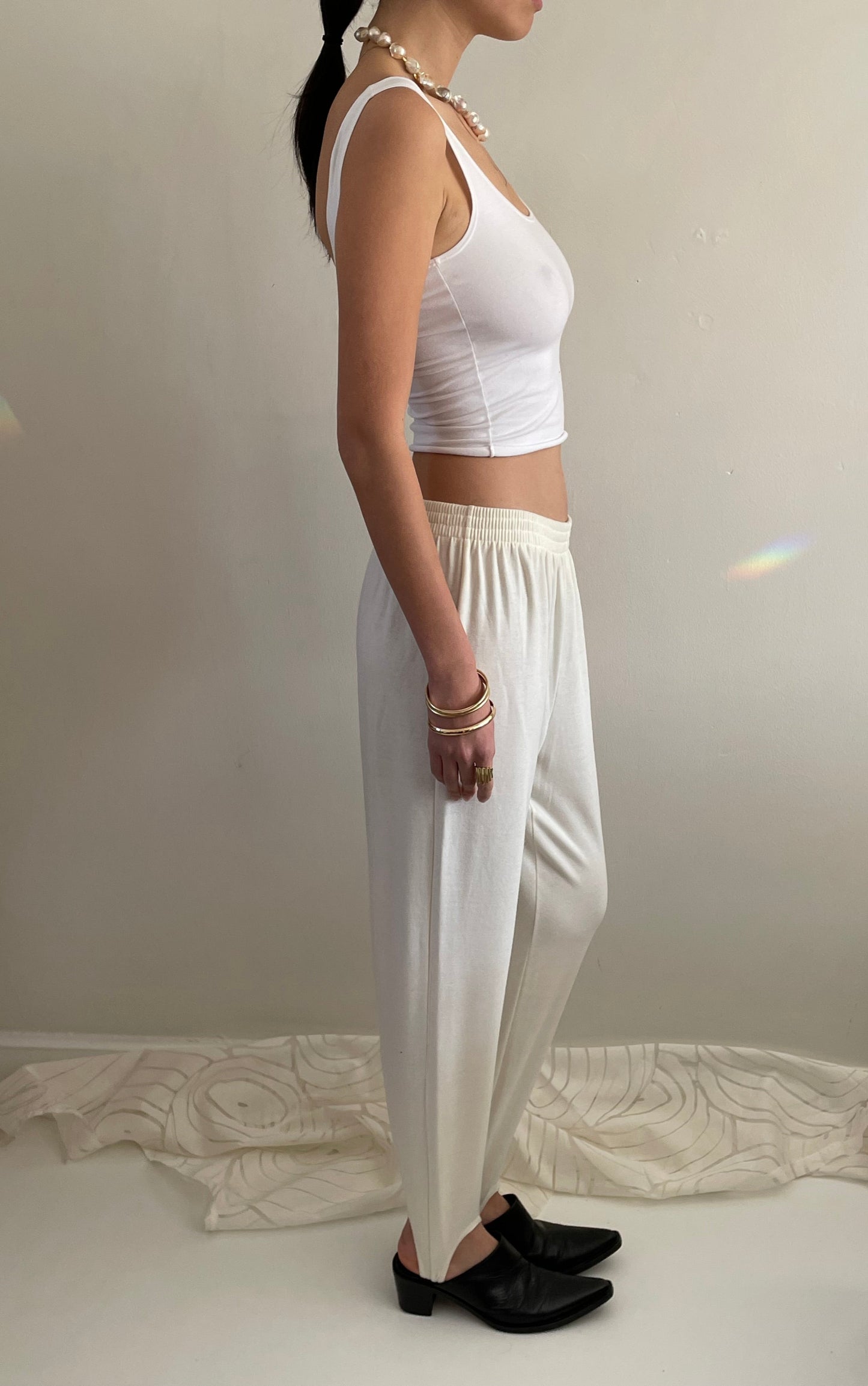 vintage 90s stirrup leggings joggers creamy white ivory cotton stirrup pants | Medium