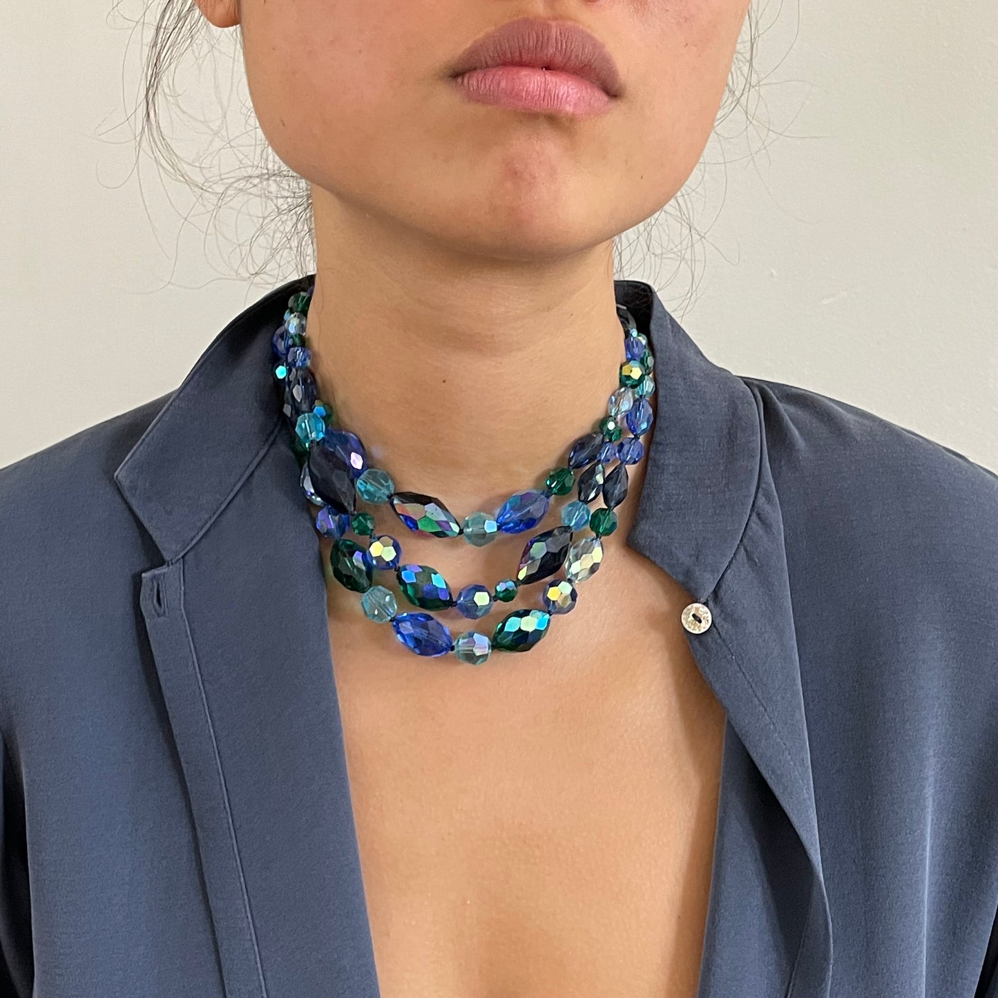 Vintage 50s Blue Aurora Borealis Cut Crystal 3 Strand Choker Collar Necklace + Earrings