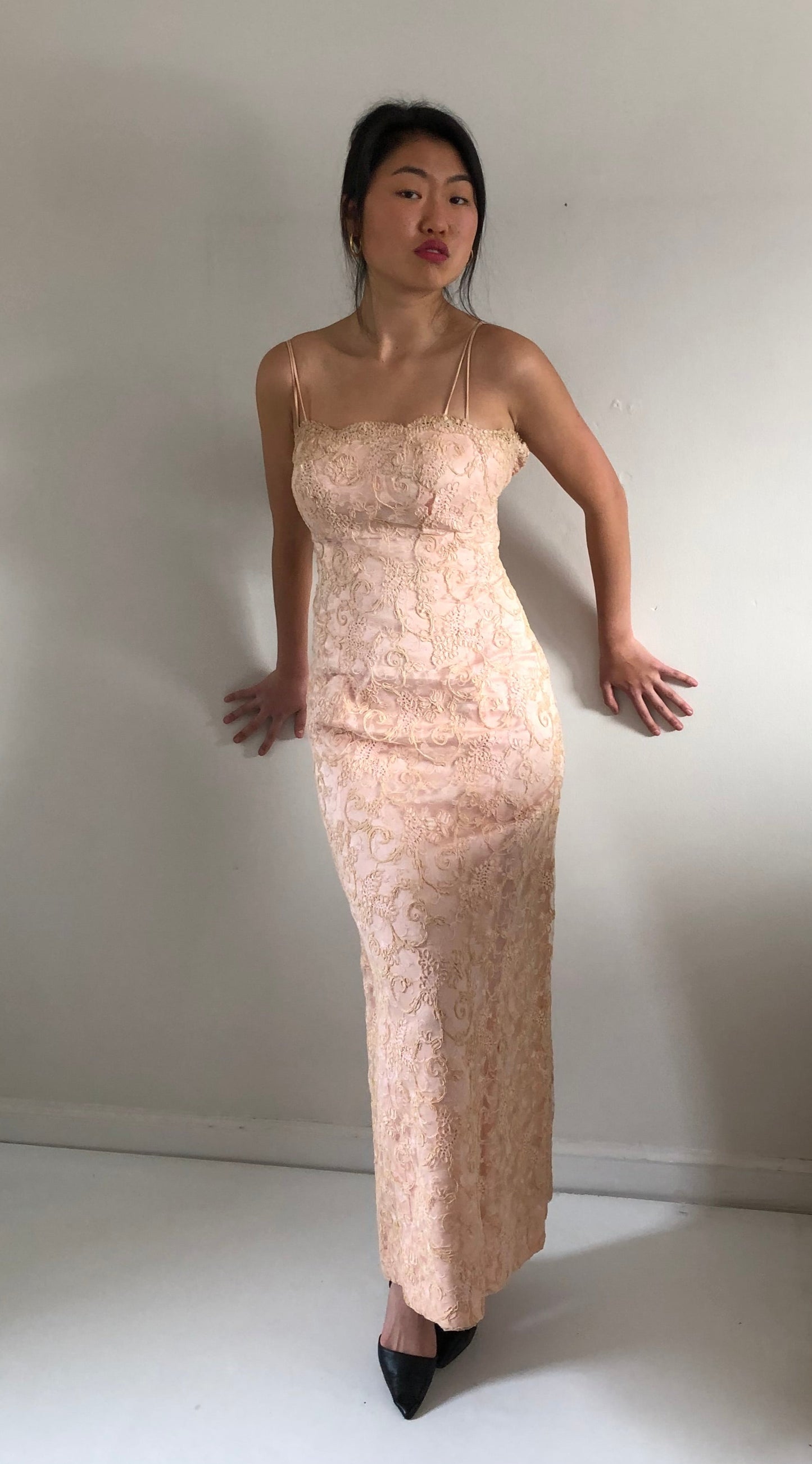 vintage 50s 60s chantilly lace strapless wiggle mermaid light blush pink gown maxi wedding guest dress