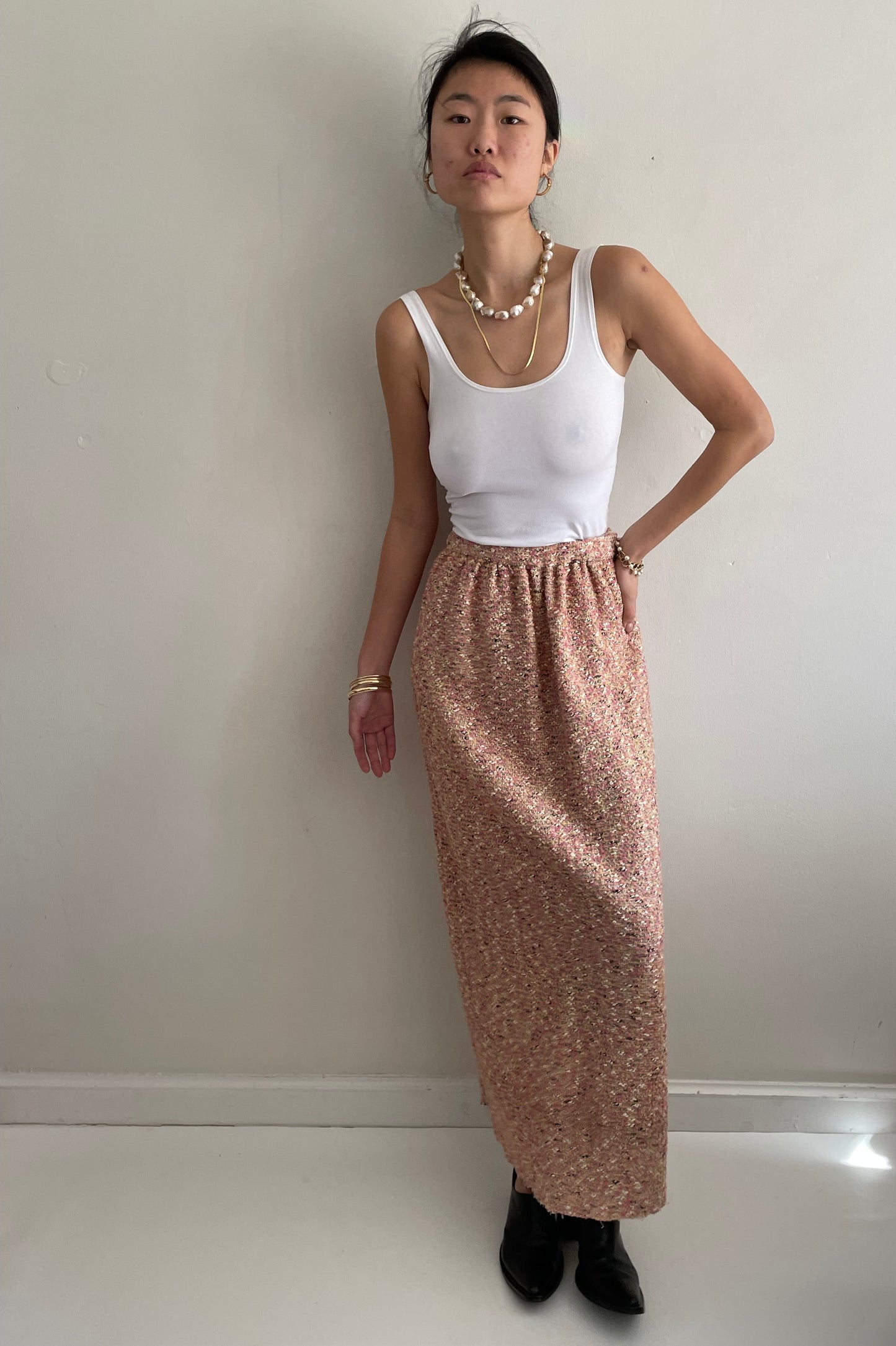vintage 70s pink nubby boucle wool tweed handmade maxi skirt | Waist size 26