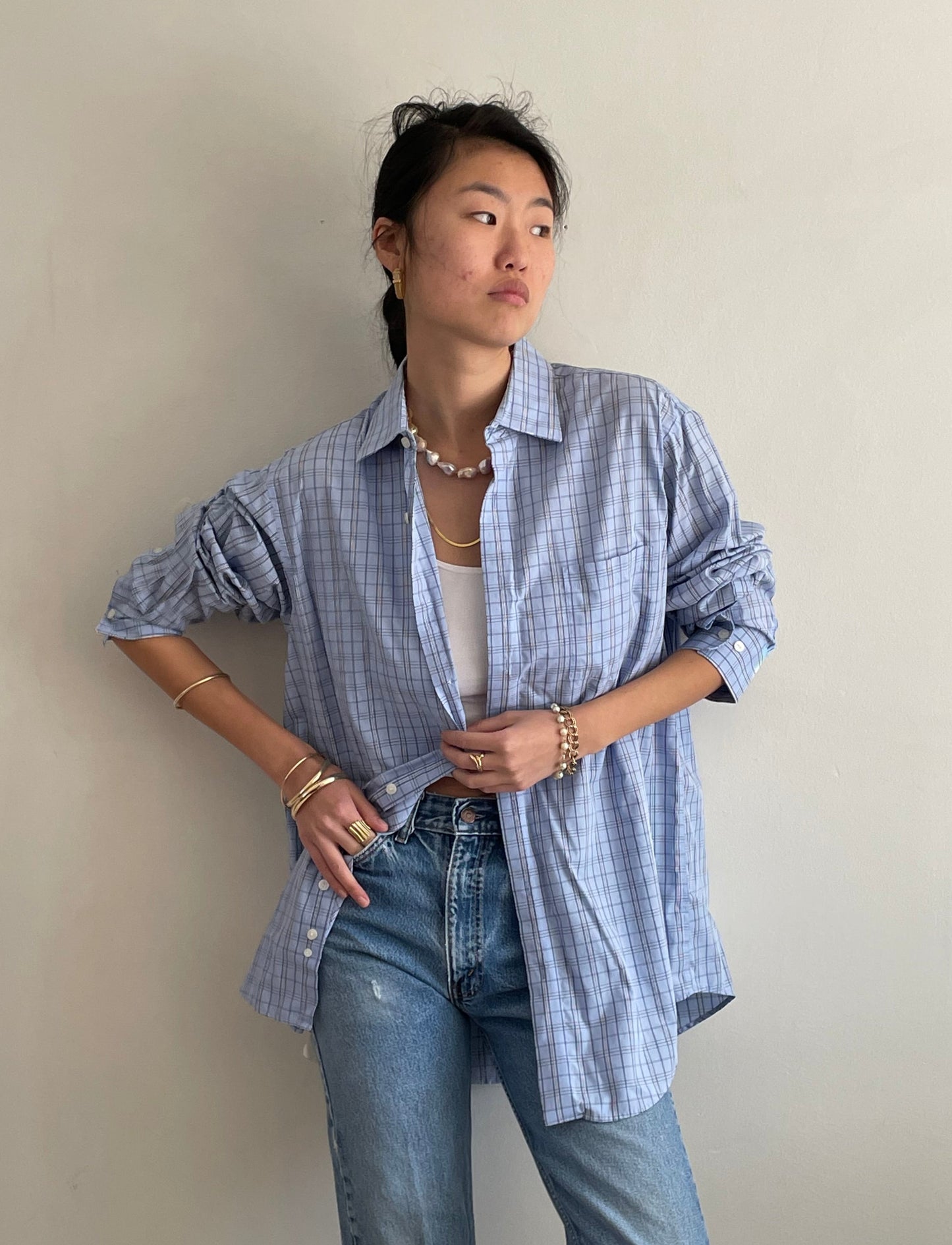 vintage light blue plaid checked oversized soft cotton boyfriend shirt | Large
