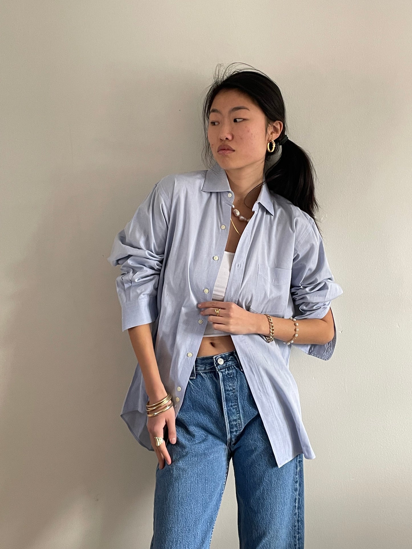 vintage 80s ice blue cotton shirt | oversized baby blue solid button down boyfriend shirt blouse | Medium