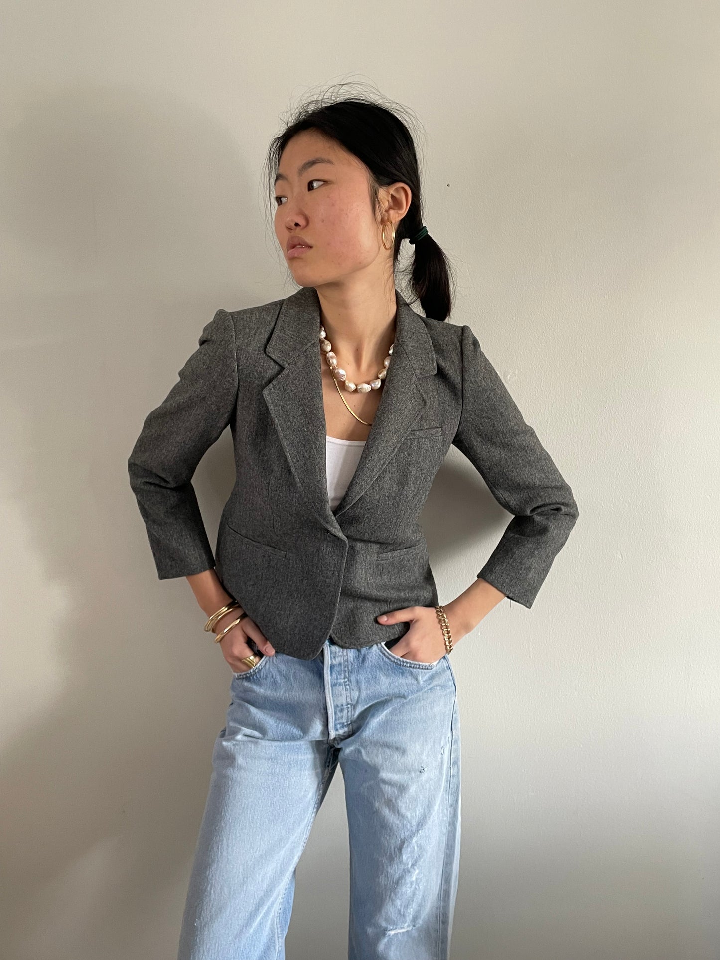 Vintage Cropped Gray Wool Blazer + Matching Skirt Suit Set | Petite Charcoal Single Button Blazer | Small