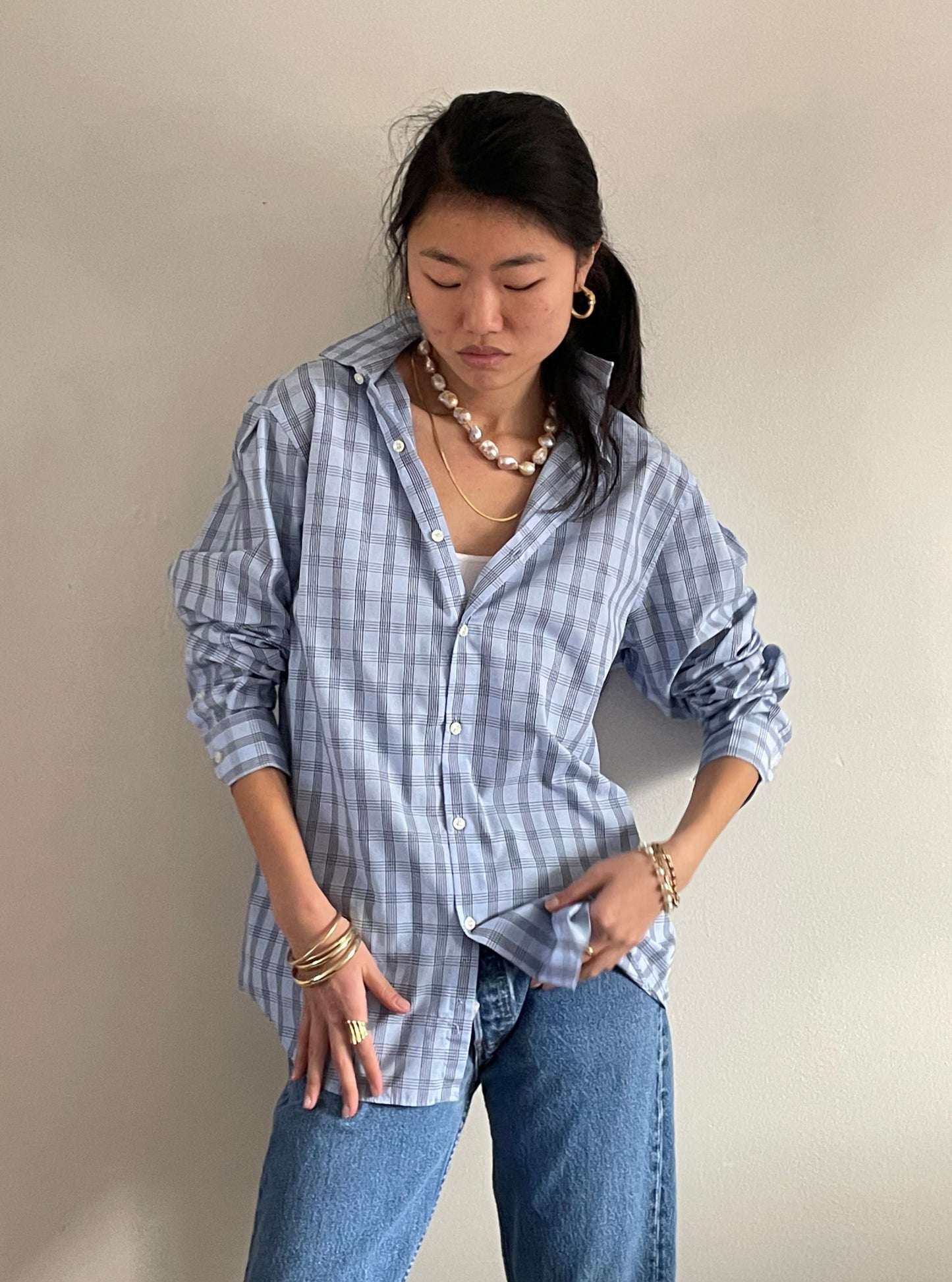 Vintage 90s Perry Ellis Boyfriend Shirt | ice blue checked plaid 100 cotton button down shirt blouse | Large