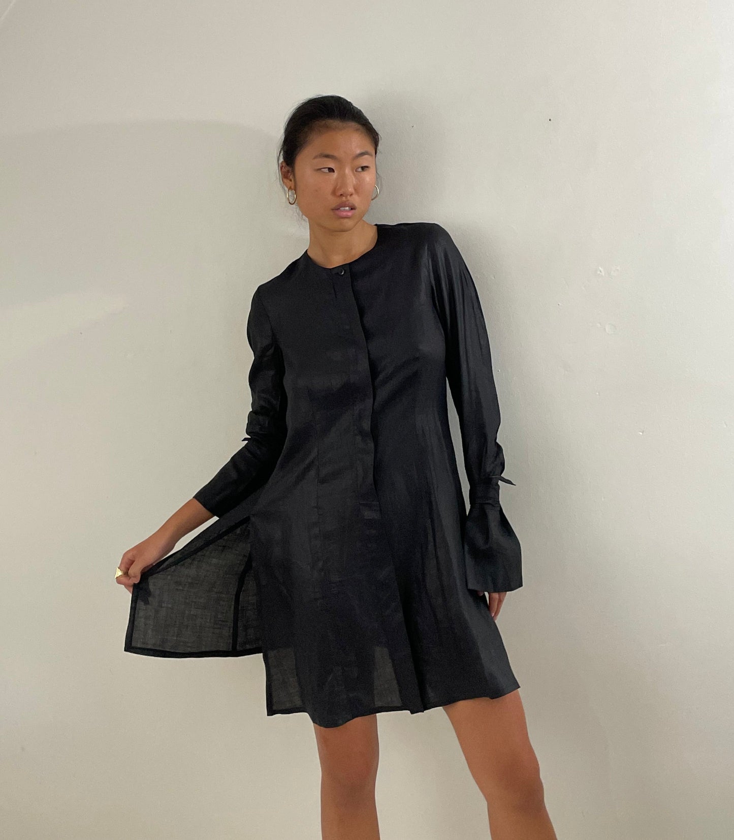 Vintage 100% handkerchief linen avant-garde black shirt dress M