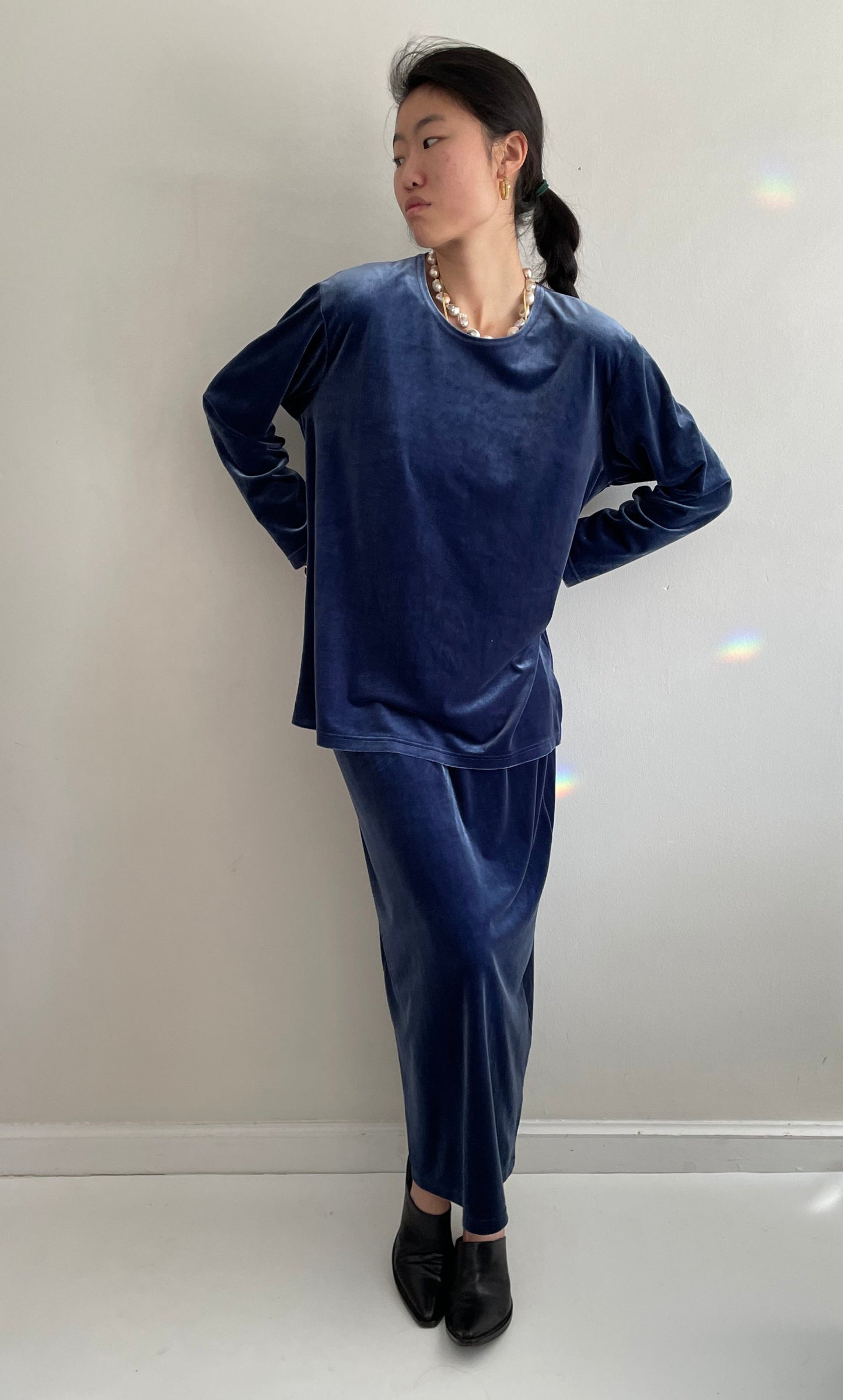 vintage 90s stretch velvet 2 piece indigo blue tunic sweatshirt + skirt matching set XL