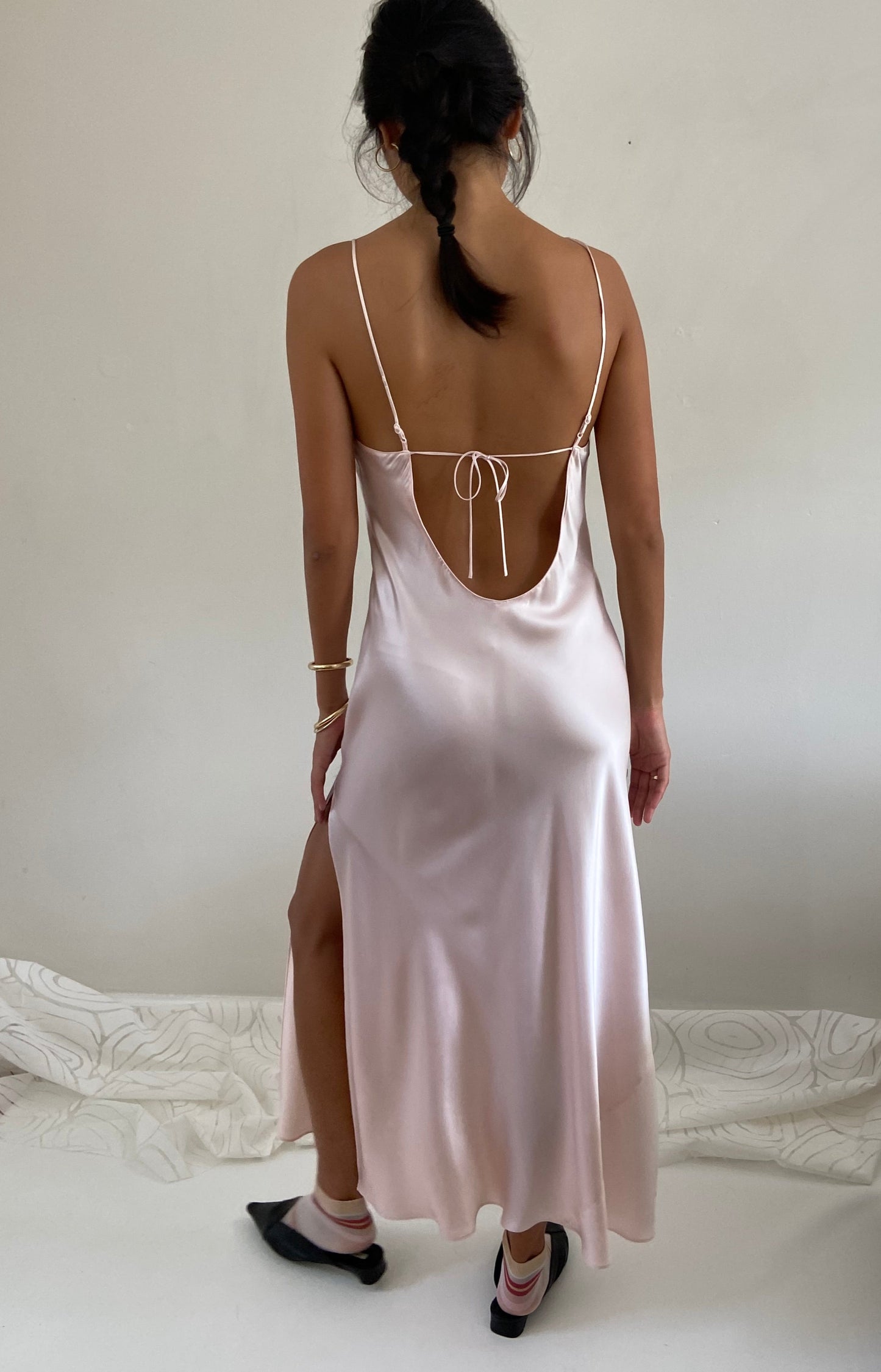 vintage 90s 100% silk charmeuse blush pink maxi slip wedding guest dress M/L