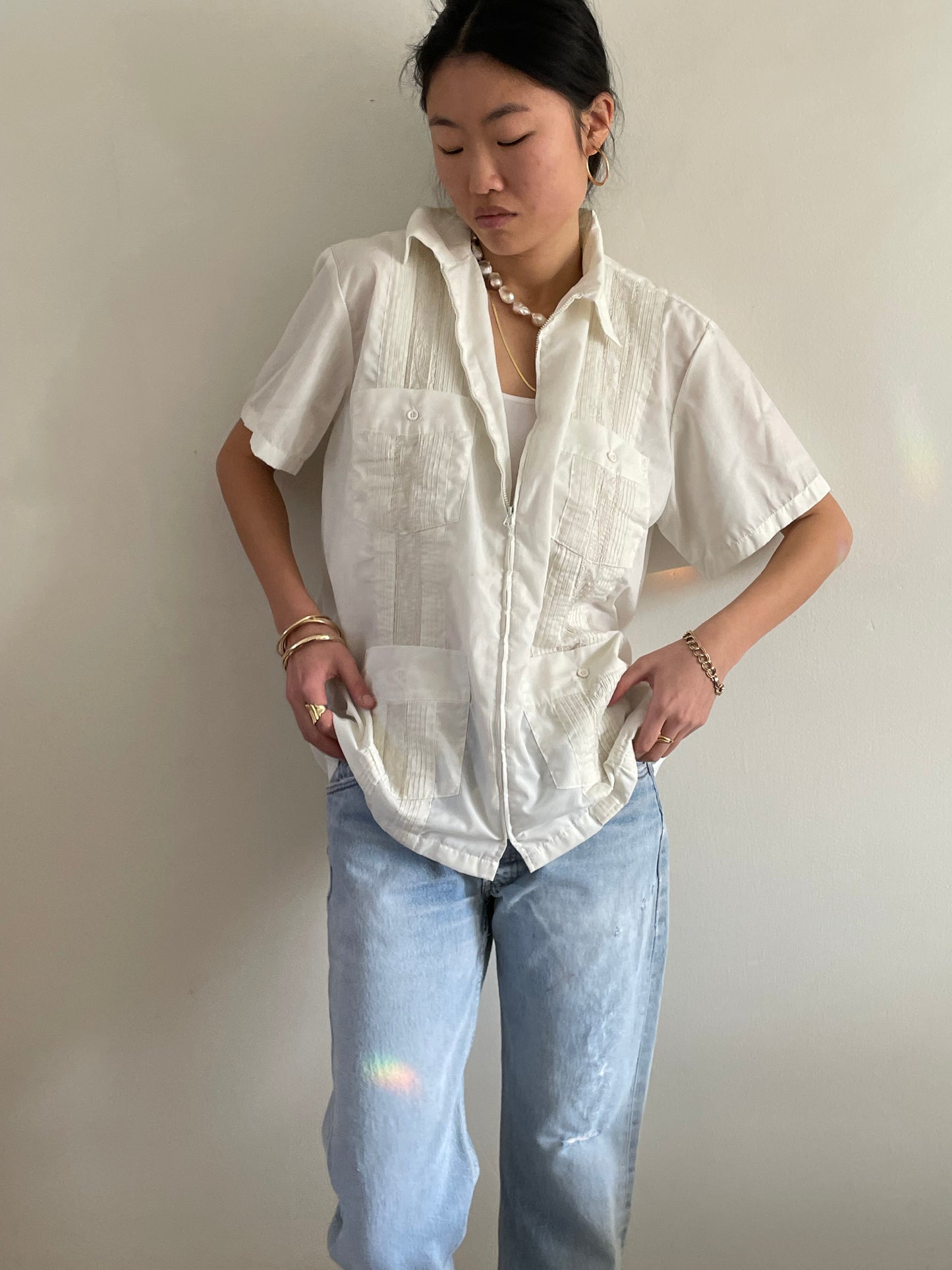 vintage embroidered zip front Haband Guayabera cotton white short sleeve shirt | XL