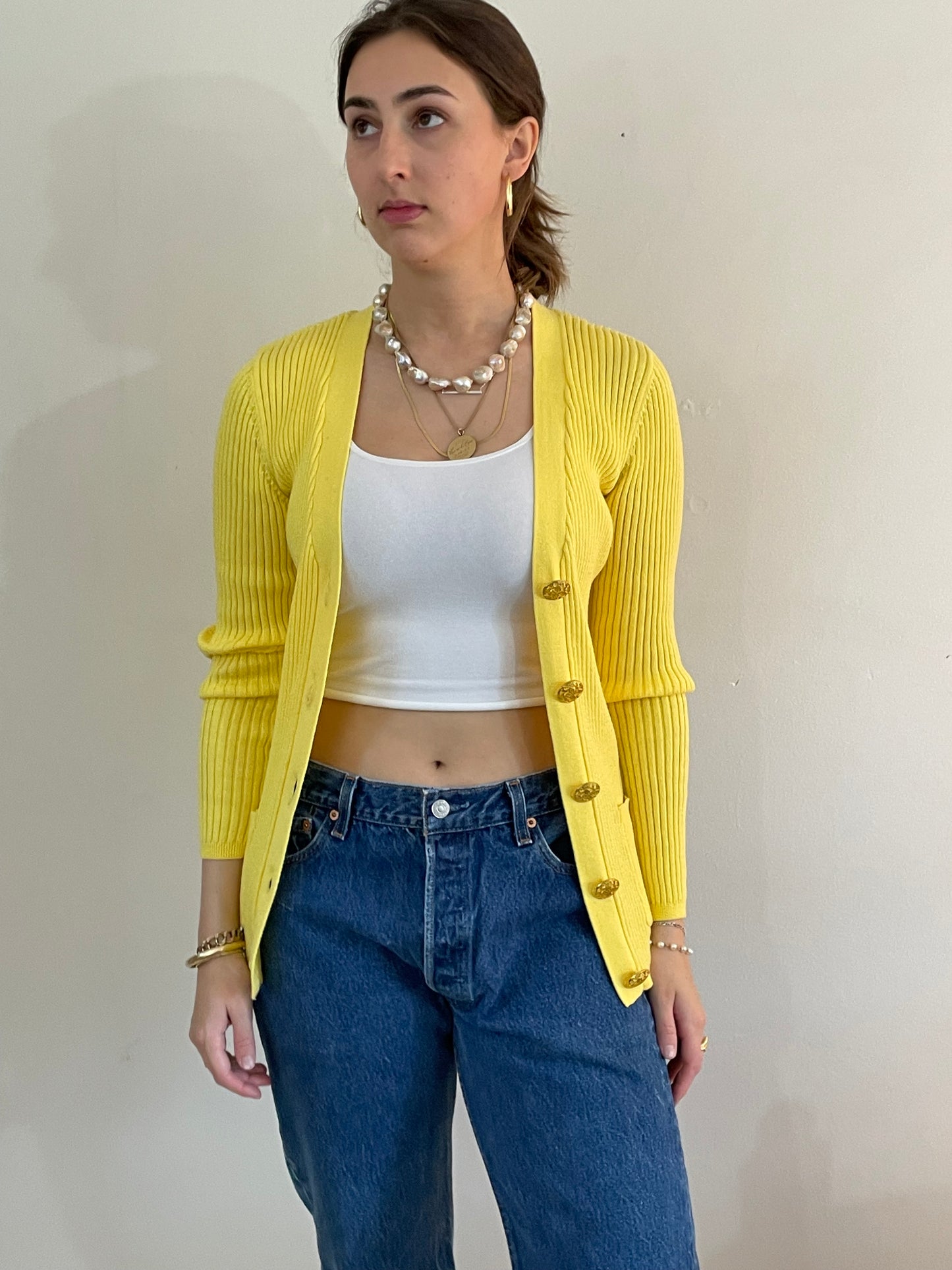 Vintage neon yellow ribbed knit V neck cardigan button front sweater | Medium