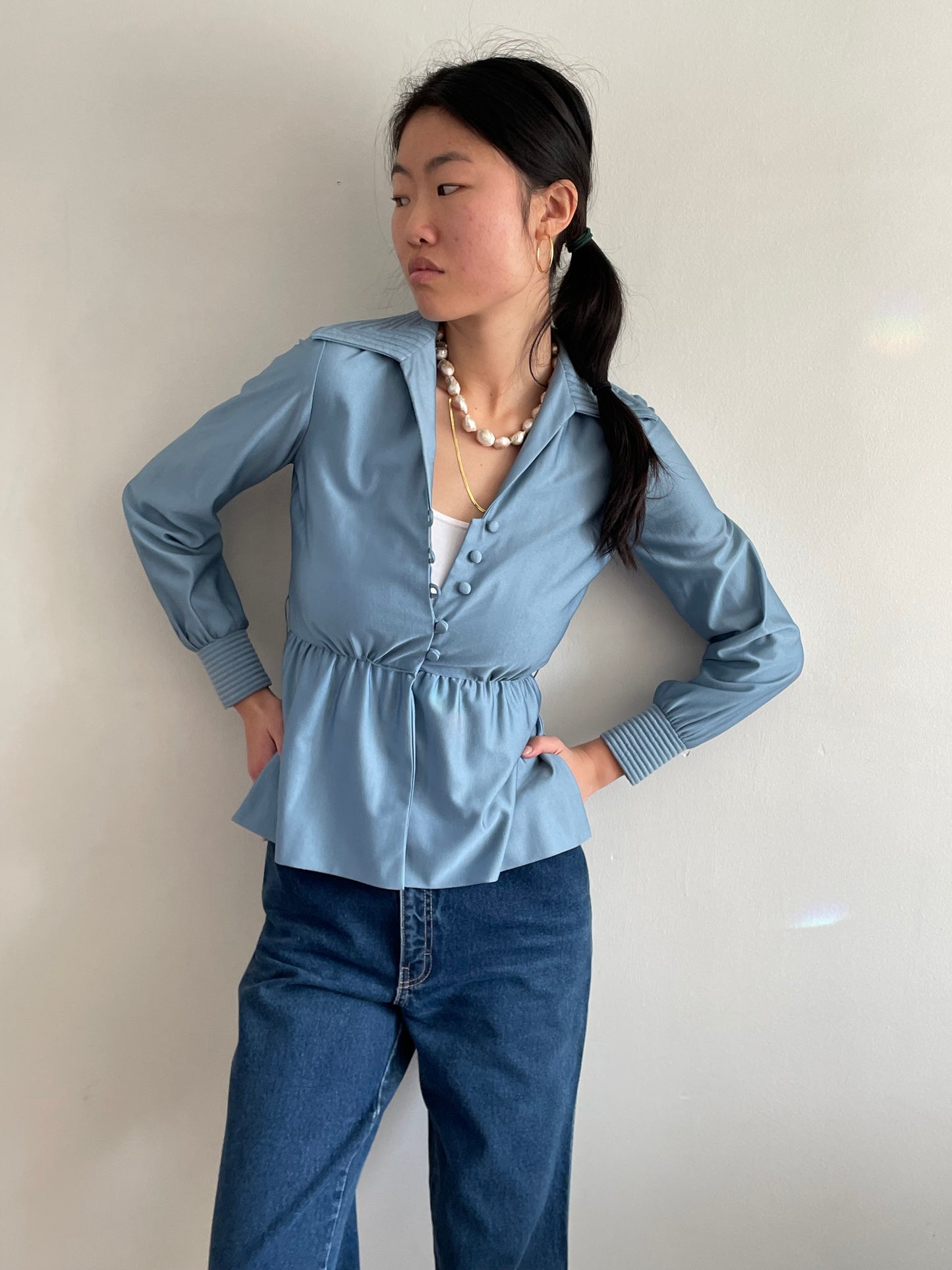 vintage 70s baby blue polyester nipped waist blouse