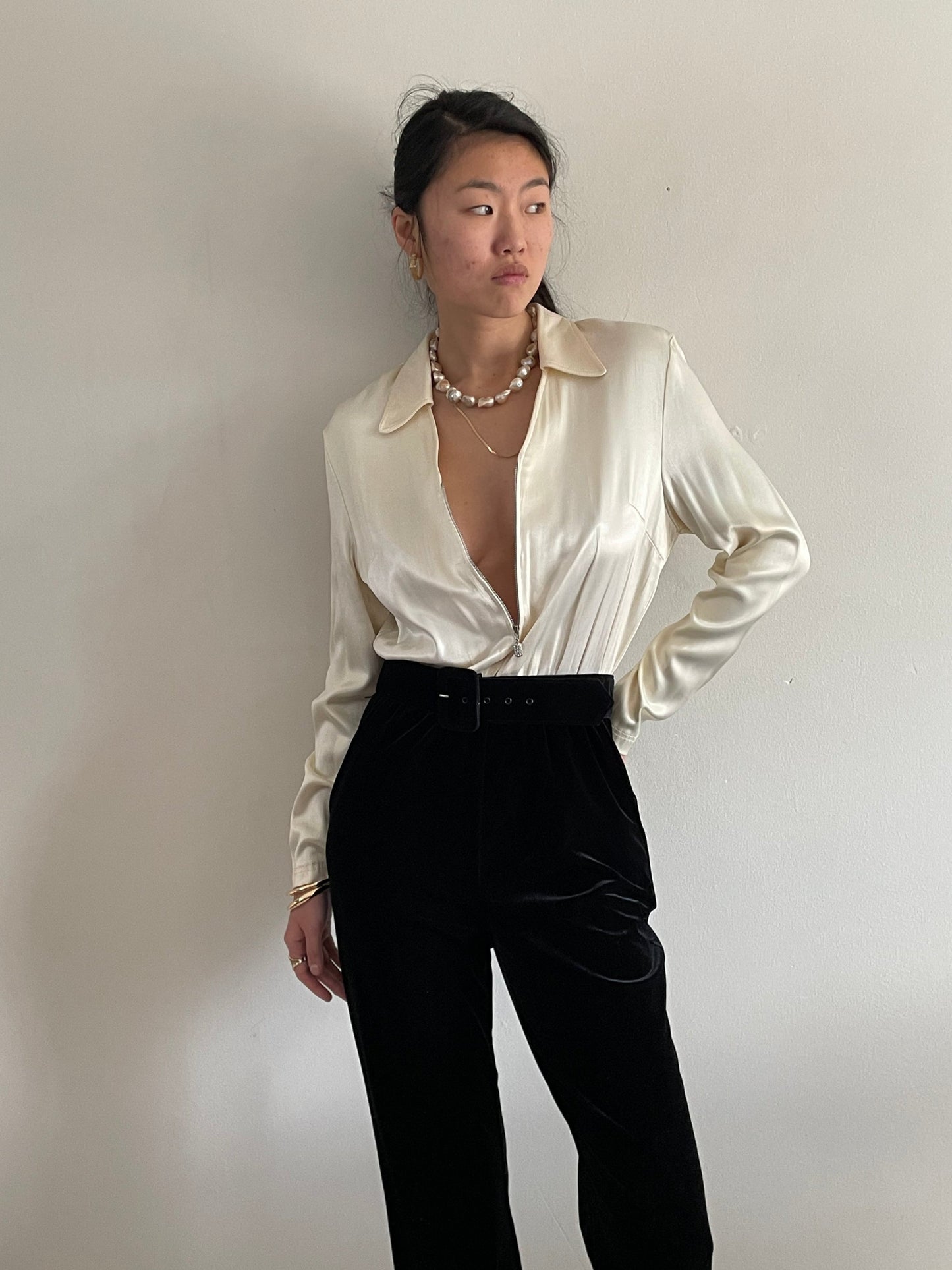 90s Charmeuse + Velvet Tuxedo Wedding Guest Jumpsuit Pant Suit S/M