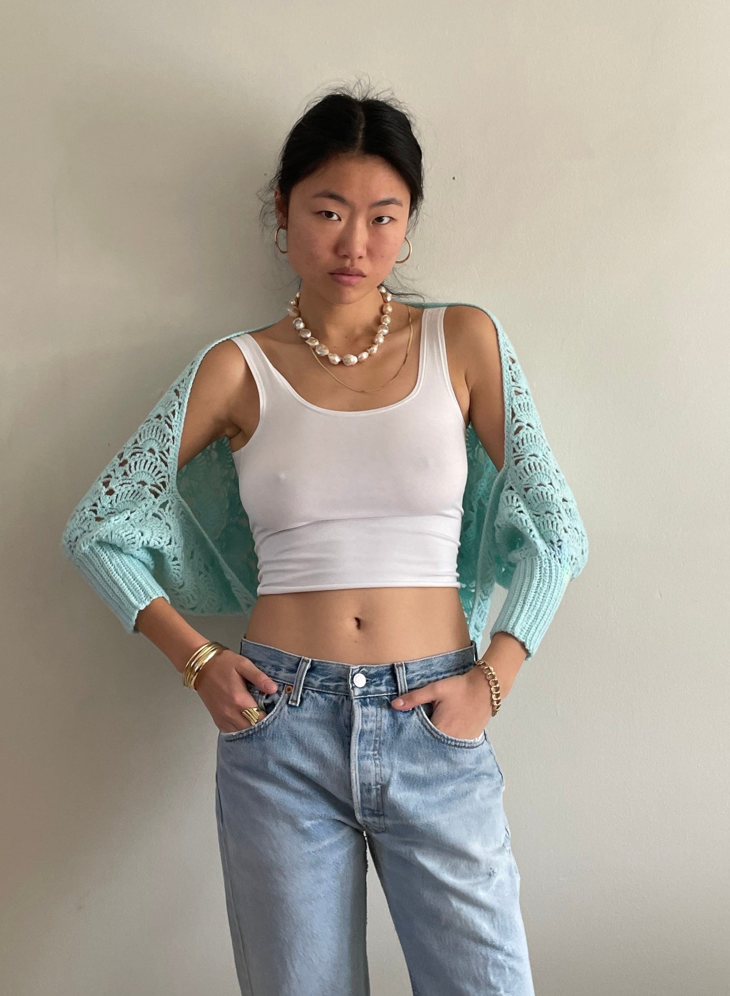 vintage aqua seafoam hand crochet cropped sweater shrug