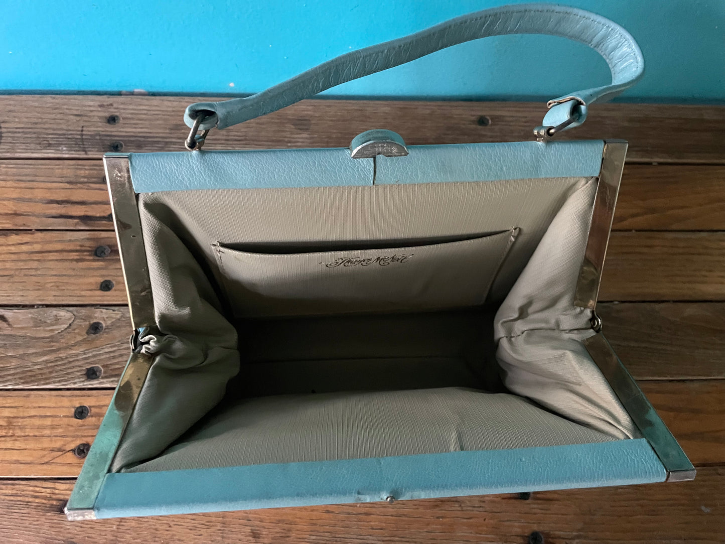 Vintage baby blue top handle 60s Thayer McNeil faux leather vinyl box purse handbag made in USA