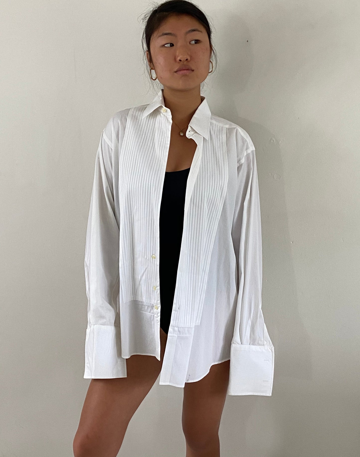 vintage crisp white cotton Italian tuxedo boyfriend shirt / oversized shirt | Large