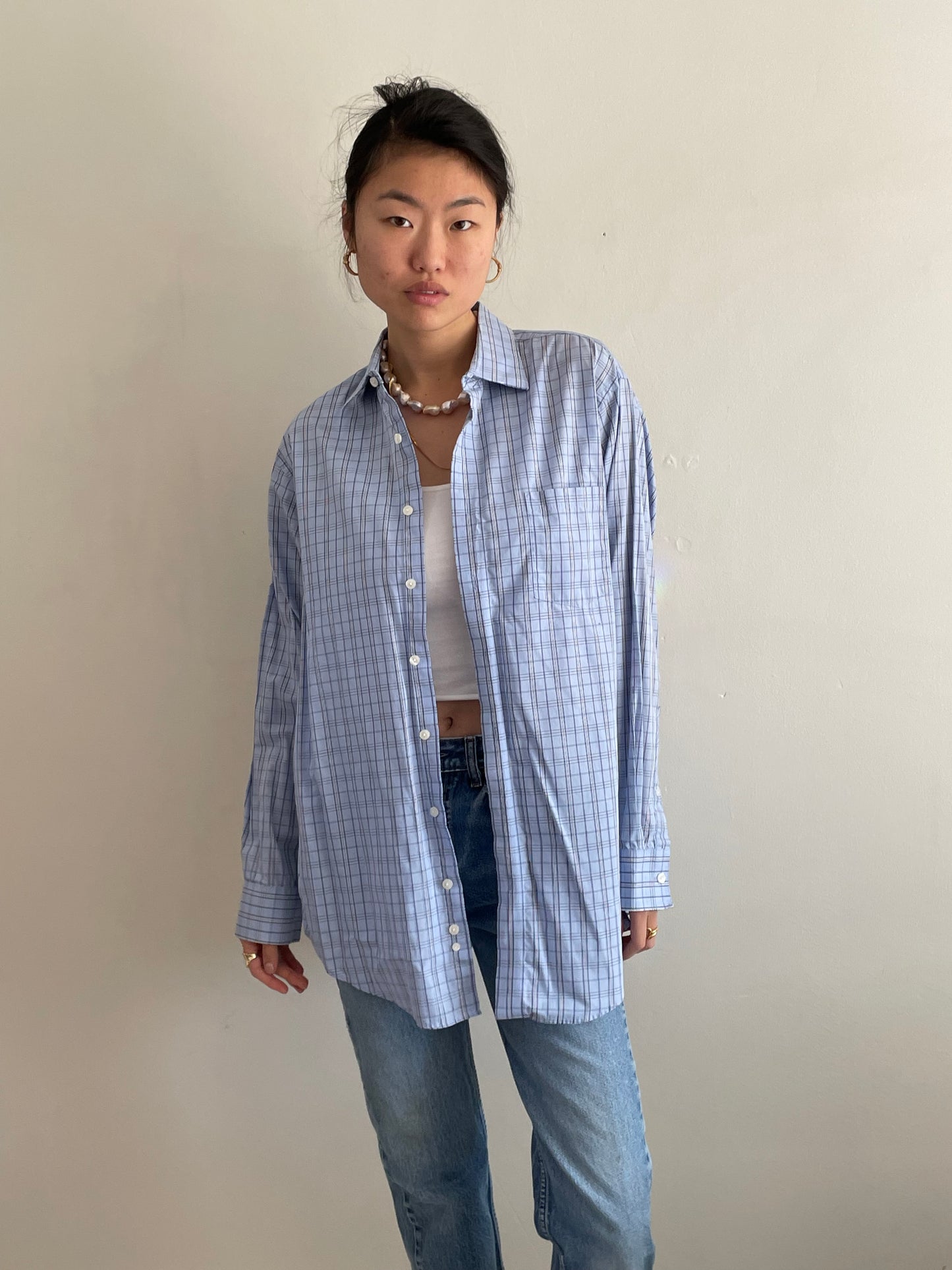 vintage light blue plaid checked oversized soft cotton boyfriend shirt | Large