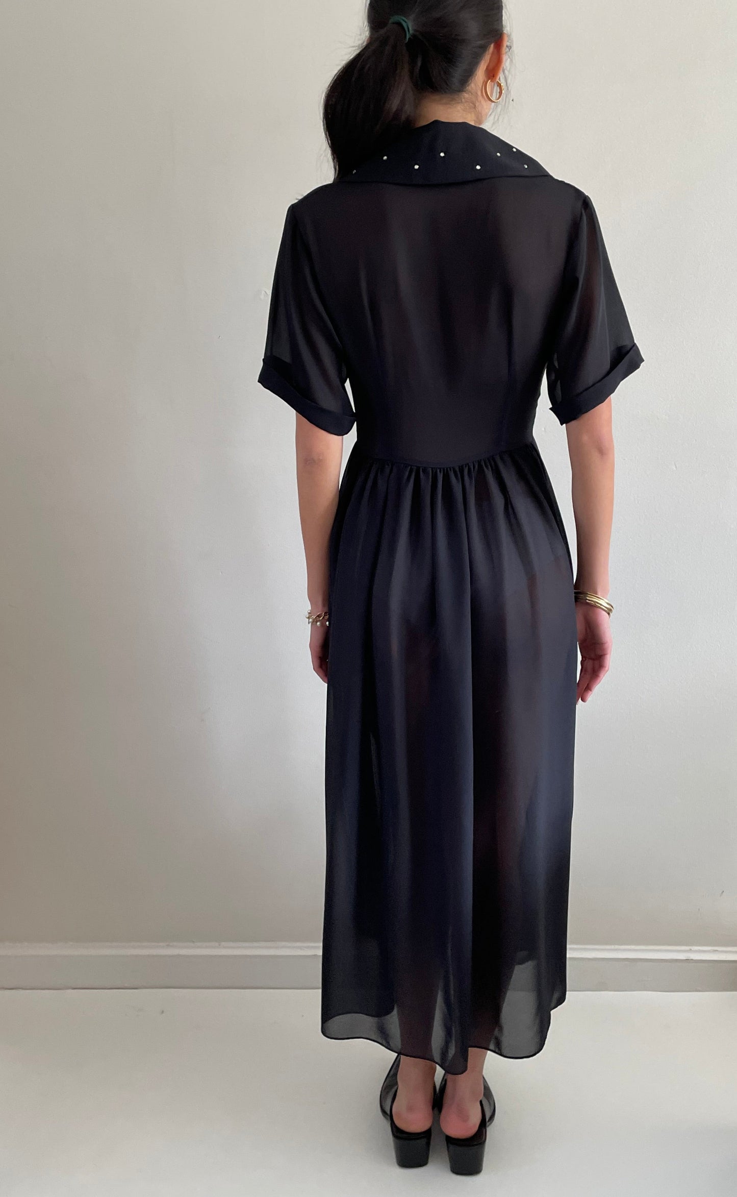 vintage 60s black sheer chiffon cocktail wedding guest midi dress Medium