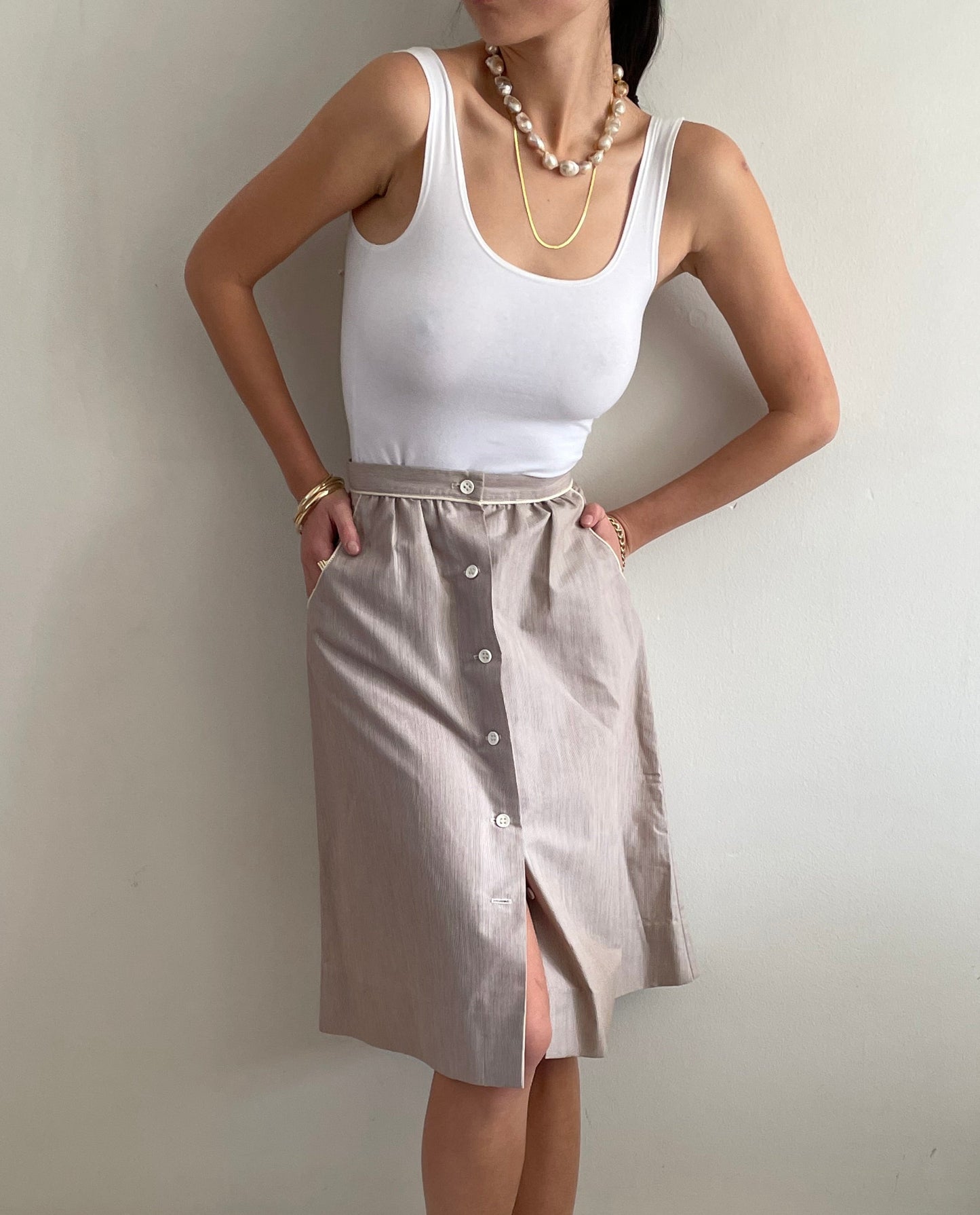 vintage button front knee length preppy striped skirt 25 W