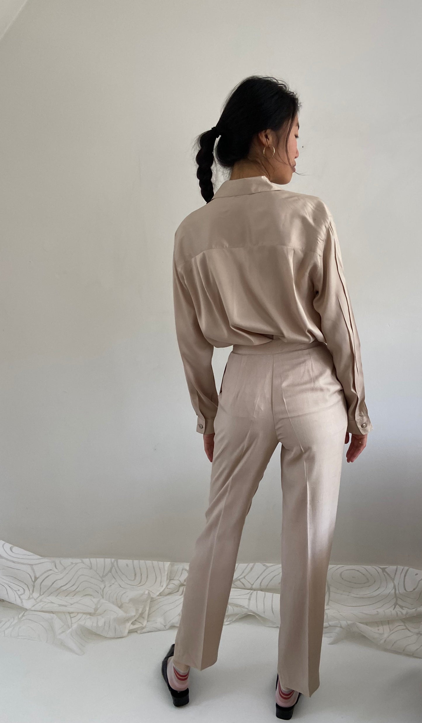 vintage 90s 100% silk pants | beige champagne high waisted pleated silk trouser pants | XS 26 waist