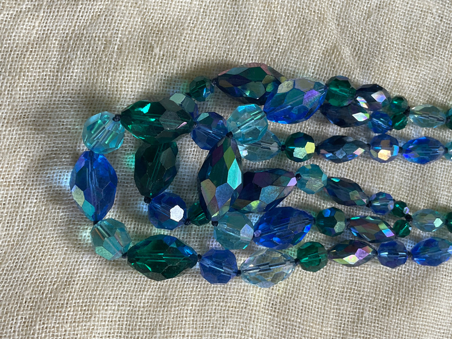 Vintage 50s Blue Aurora Borealis Cut Crystal 3 Strand Choker Collar Necklace + Earrings
