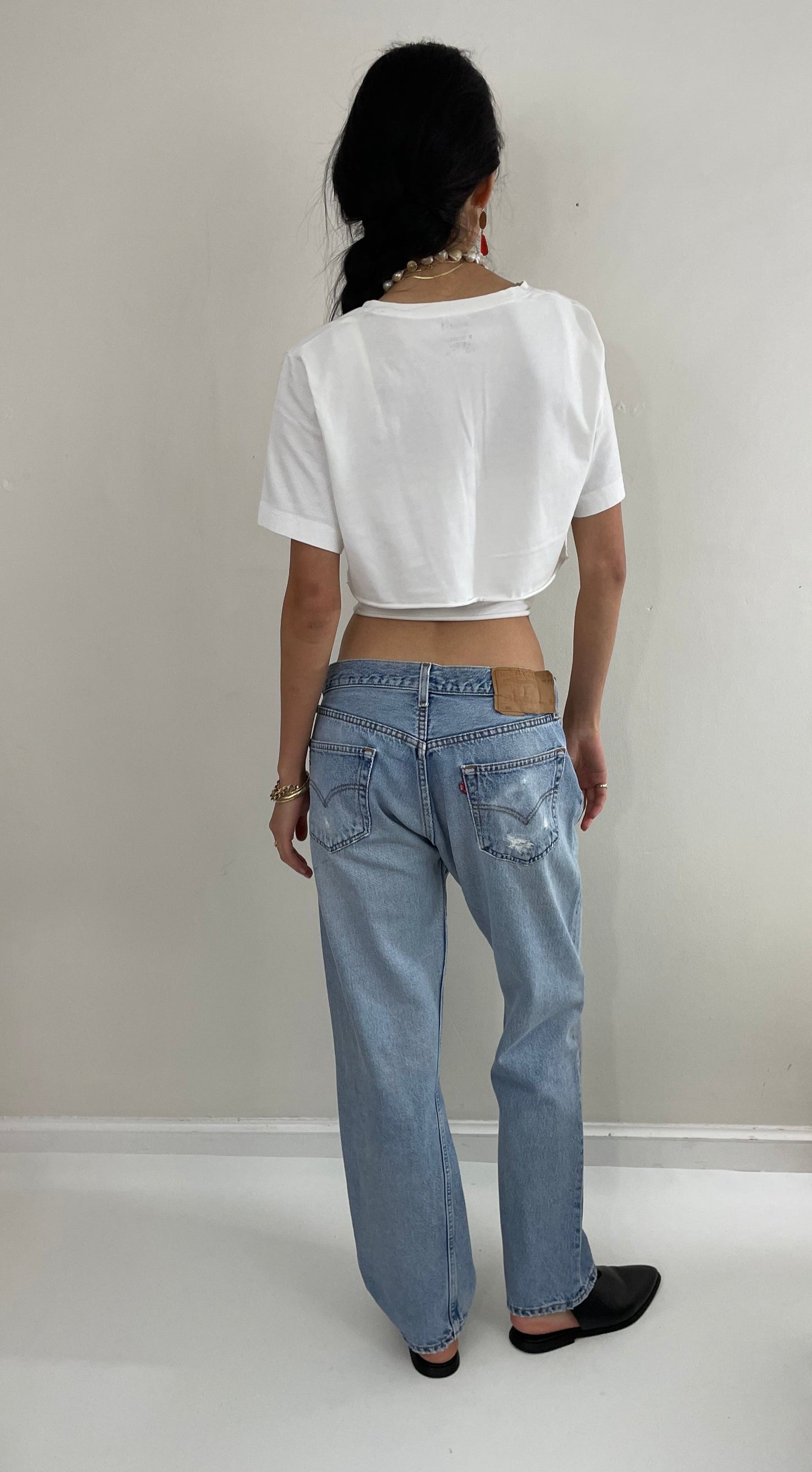 RESERVED Vintage 80s Levi's 501 faded button fly medium wash red tab patched knee Levis iconic jeans size 32 x 29
