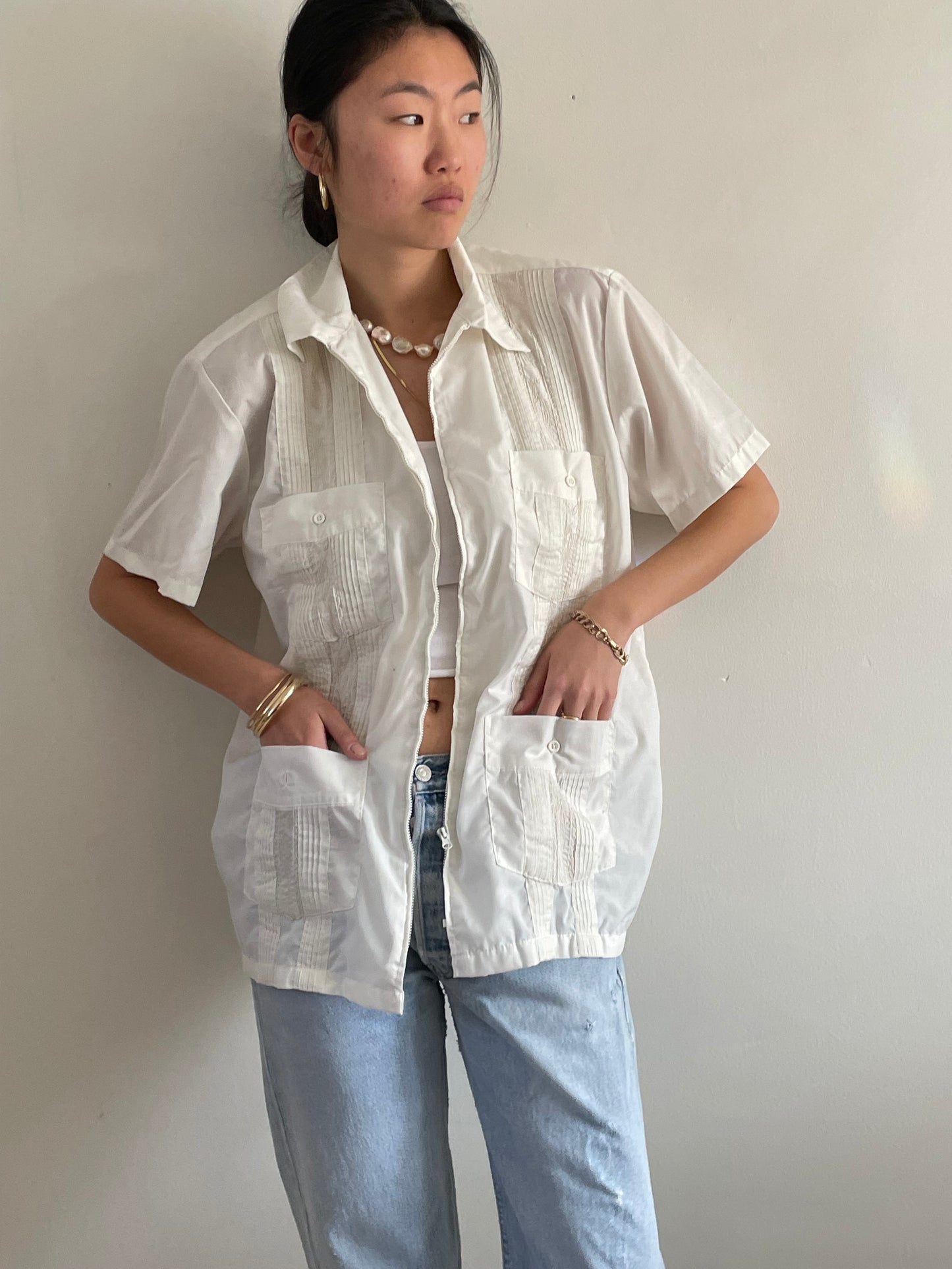 vintage embroidered zip front Haband Guayabera cotton white short sleeve shirt | XL