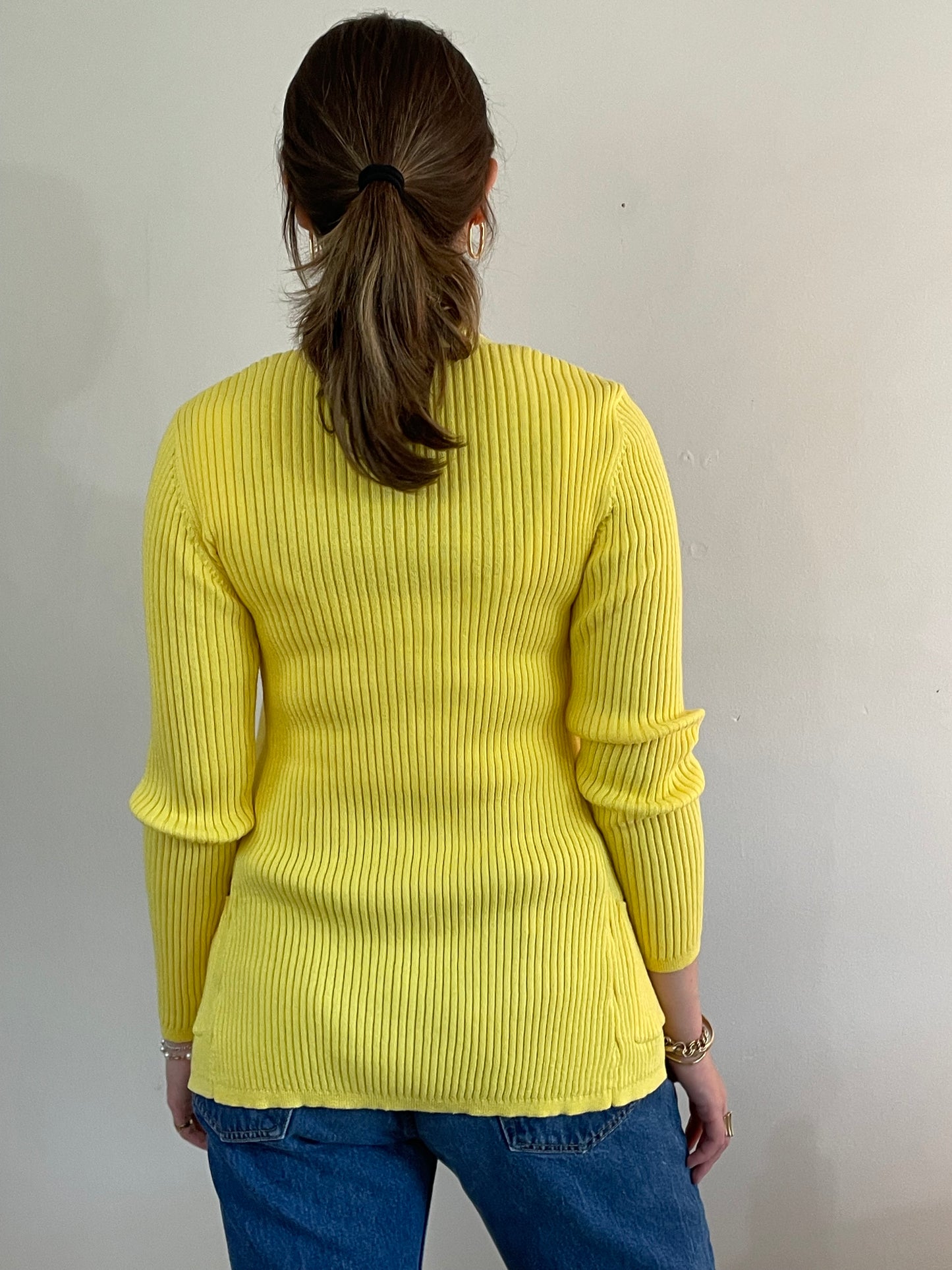 Vintage neon yellow ribbed knit V neck cardigan button front sweater | Medium