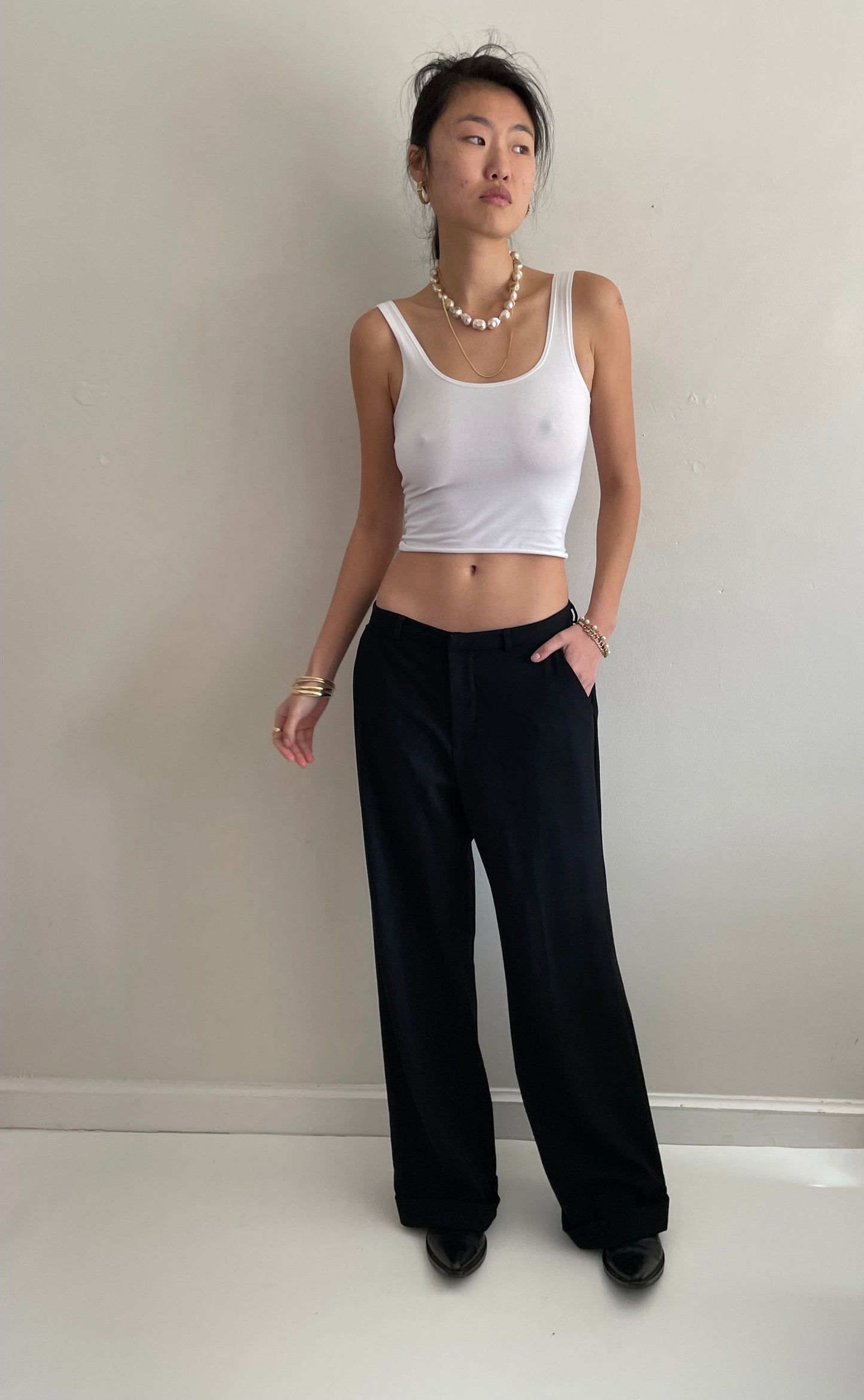 Vintage Y2K Black Wool Flat Front Wide Leg Cuffed Mid Rise Loose Dressy Pants Trousers | Waist size 30 size 6