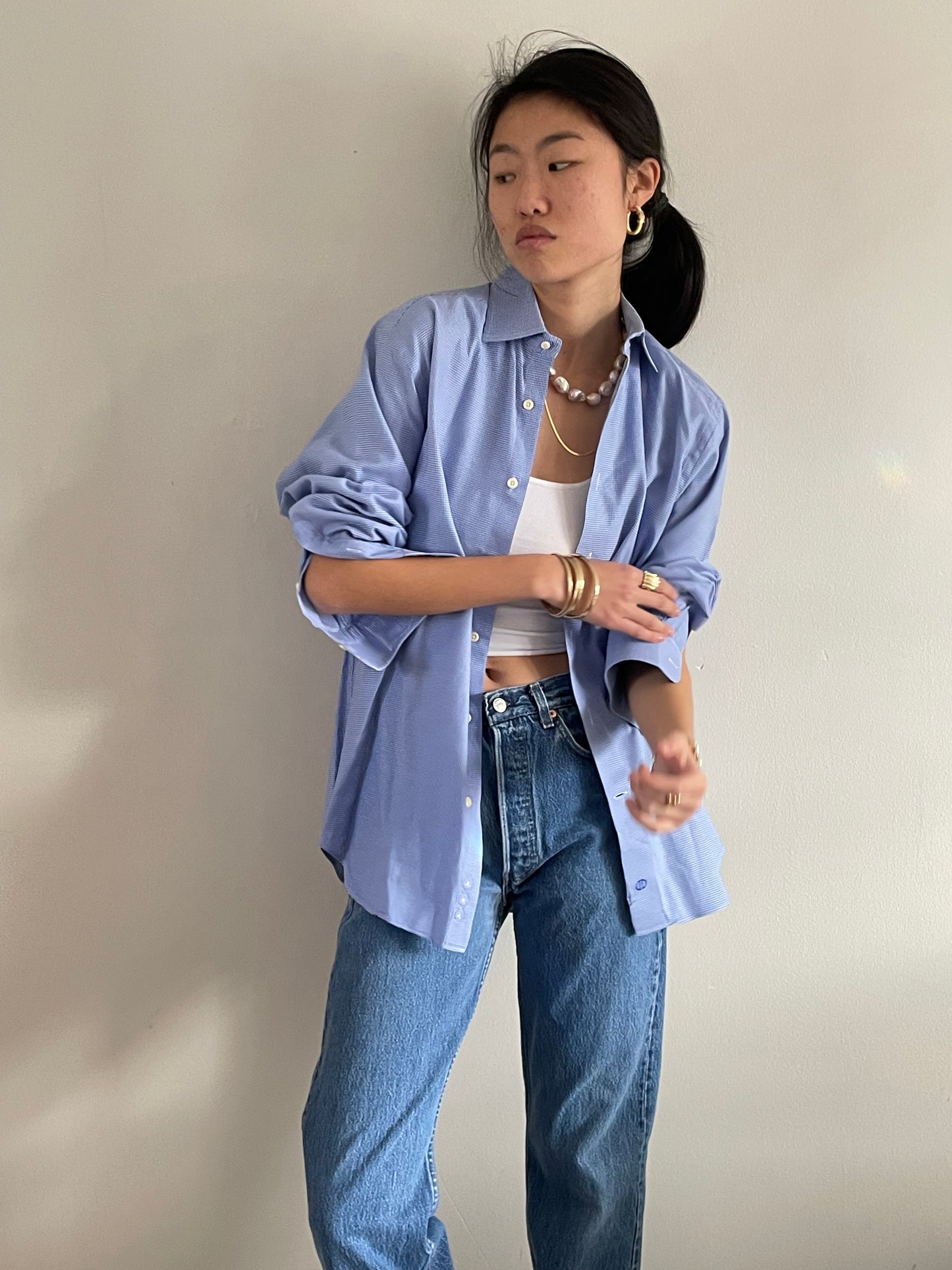 oversized cotton baby blue boyfriend shirt | luxe woven spread collar button down shirt | XL