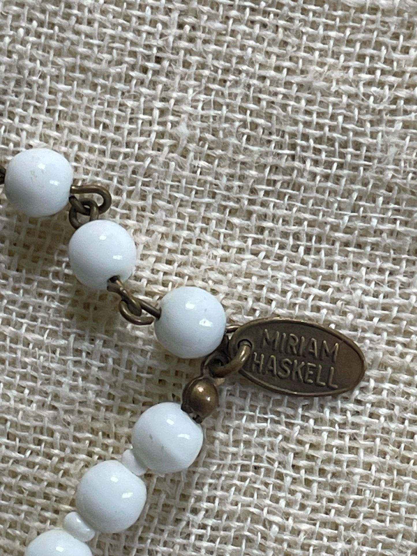 Vintage Miriam Haskell White Milk Glass Beaded Choker Pendant Necklace signed 50s Miram Haskell Jewelry