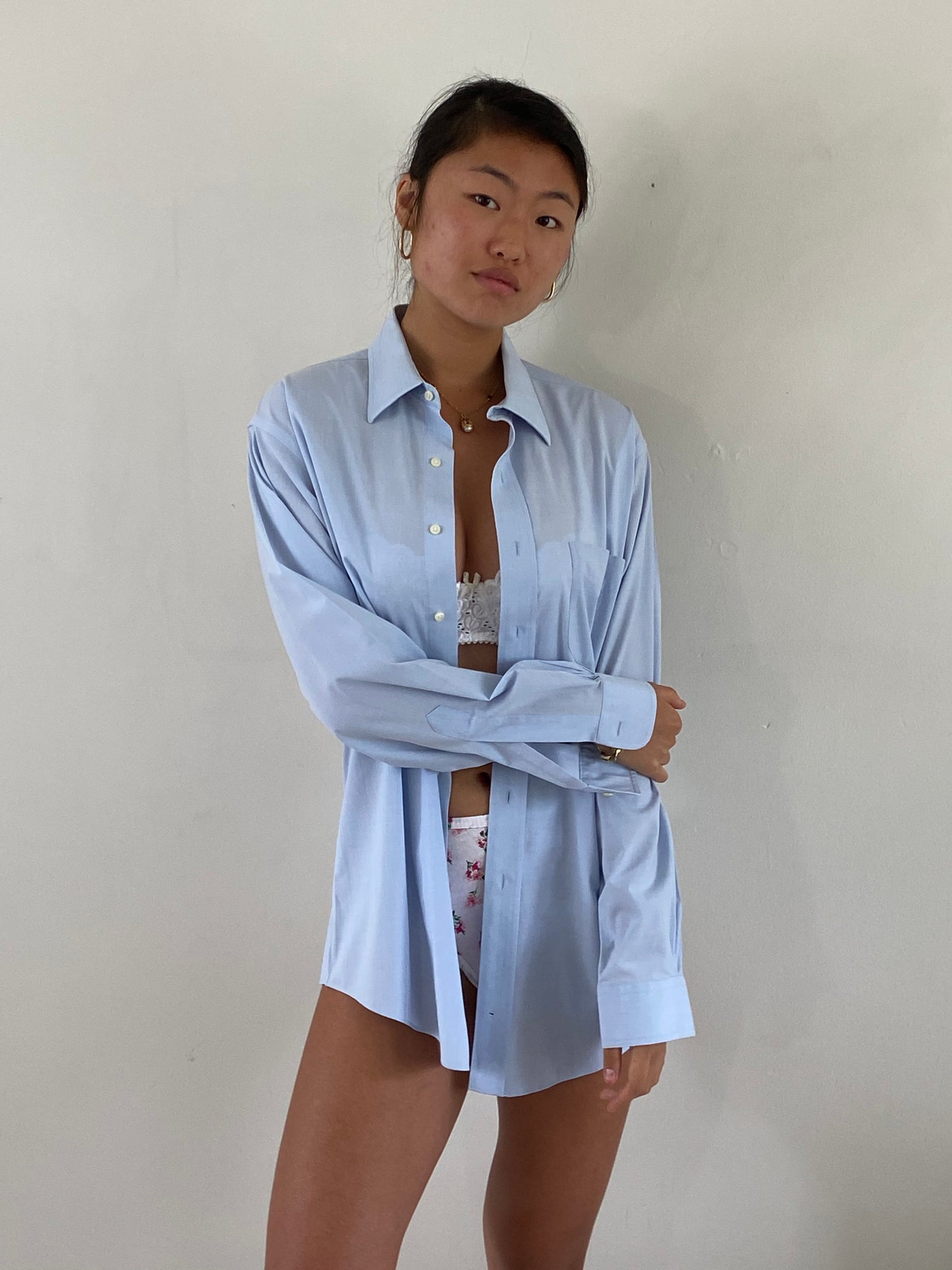 vintage 70s cotton ice blue boyfriend button down menswear shirt | Large