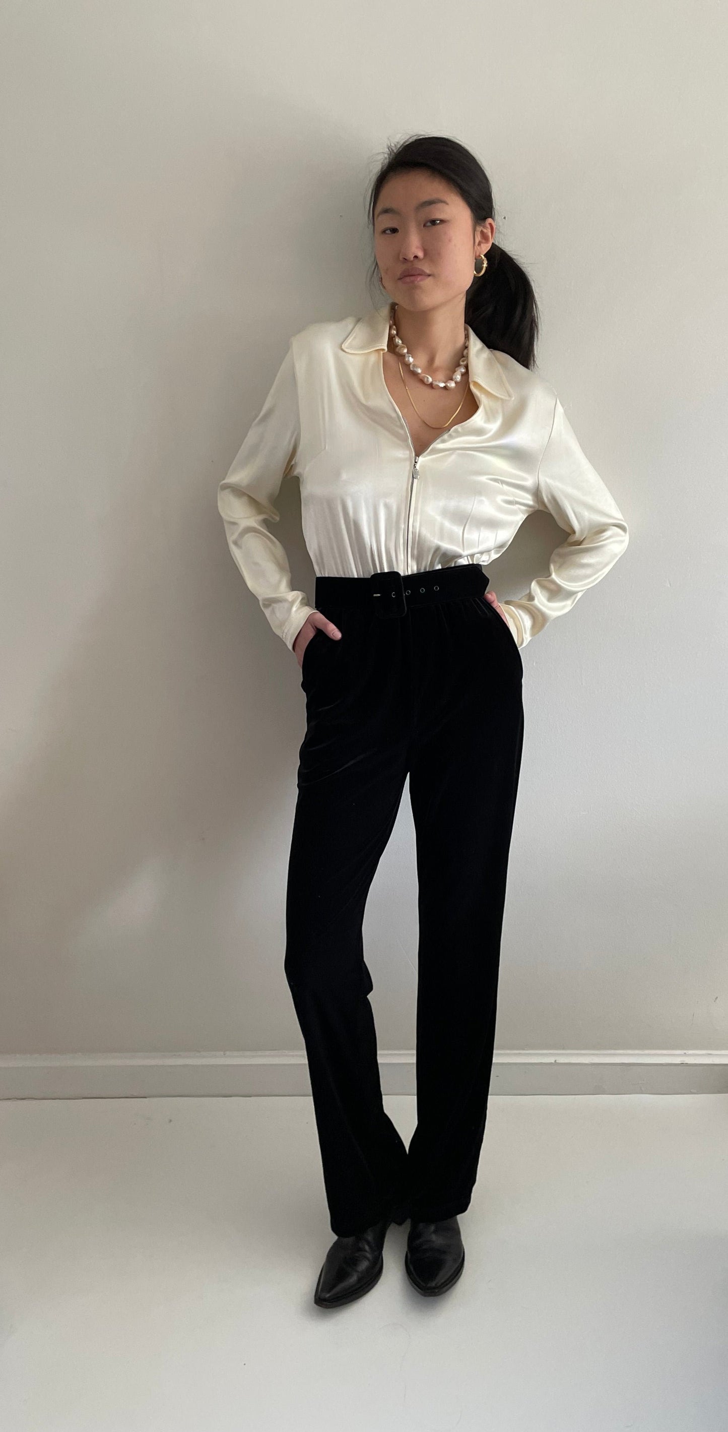 90s Charmeuse + Velvet Tuxedo Wedding Guest Jumpsuit Pant Suit S/M